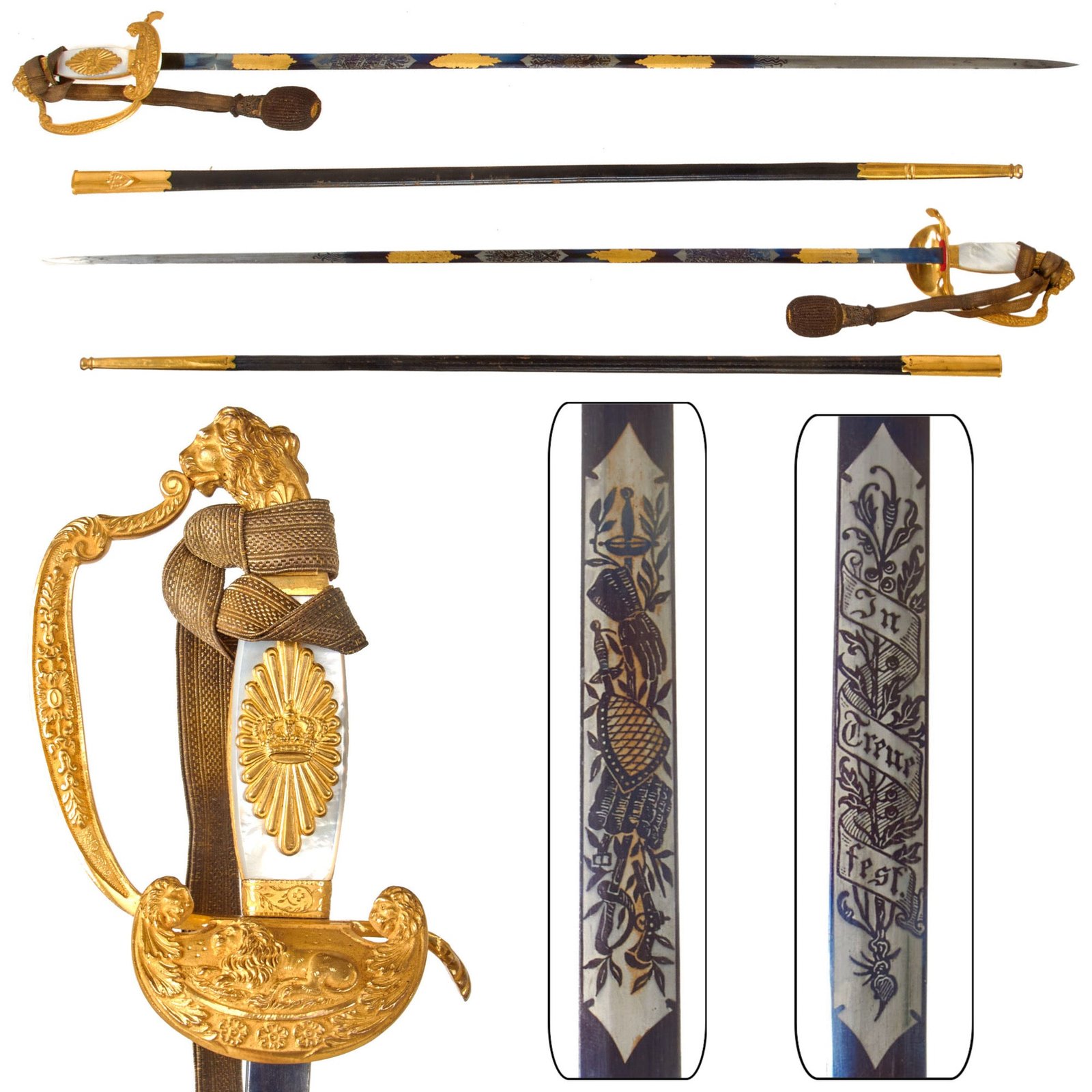 Original Imperial German WWI Bavarian State Official Diplomat’s Dress Lion’s Head Sword with Mother of Pearl Grips & Fire-Blued Gold-Inlaid Blade - Leather Scabbard & Troddel Knot
