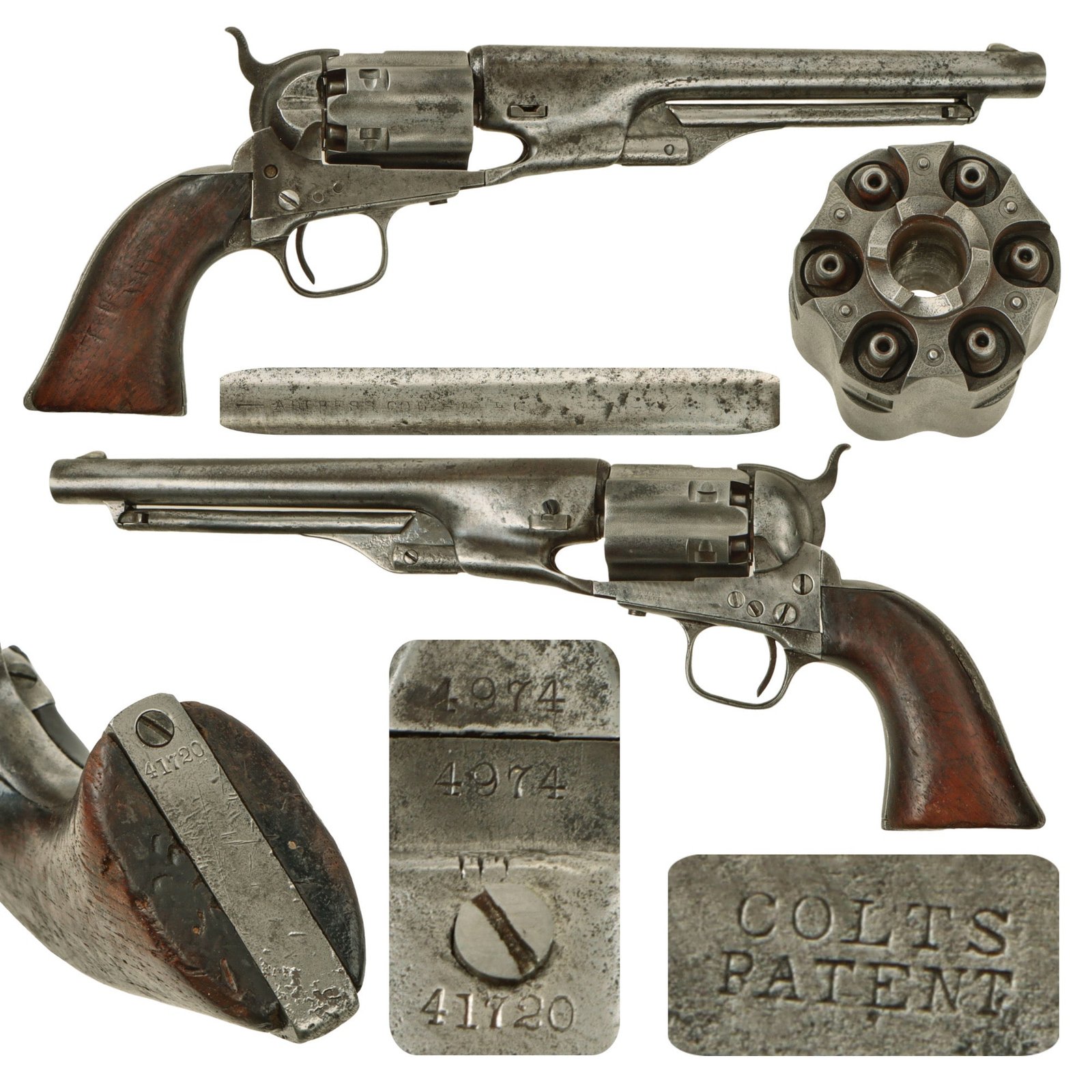 Original U.S. Civil War Early Colt Model 1860 Army 4 Screw Percussion Revolver Made in 1861 with Replaced Fluted Cylinder and Grip - Serial 4974