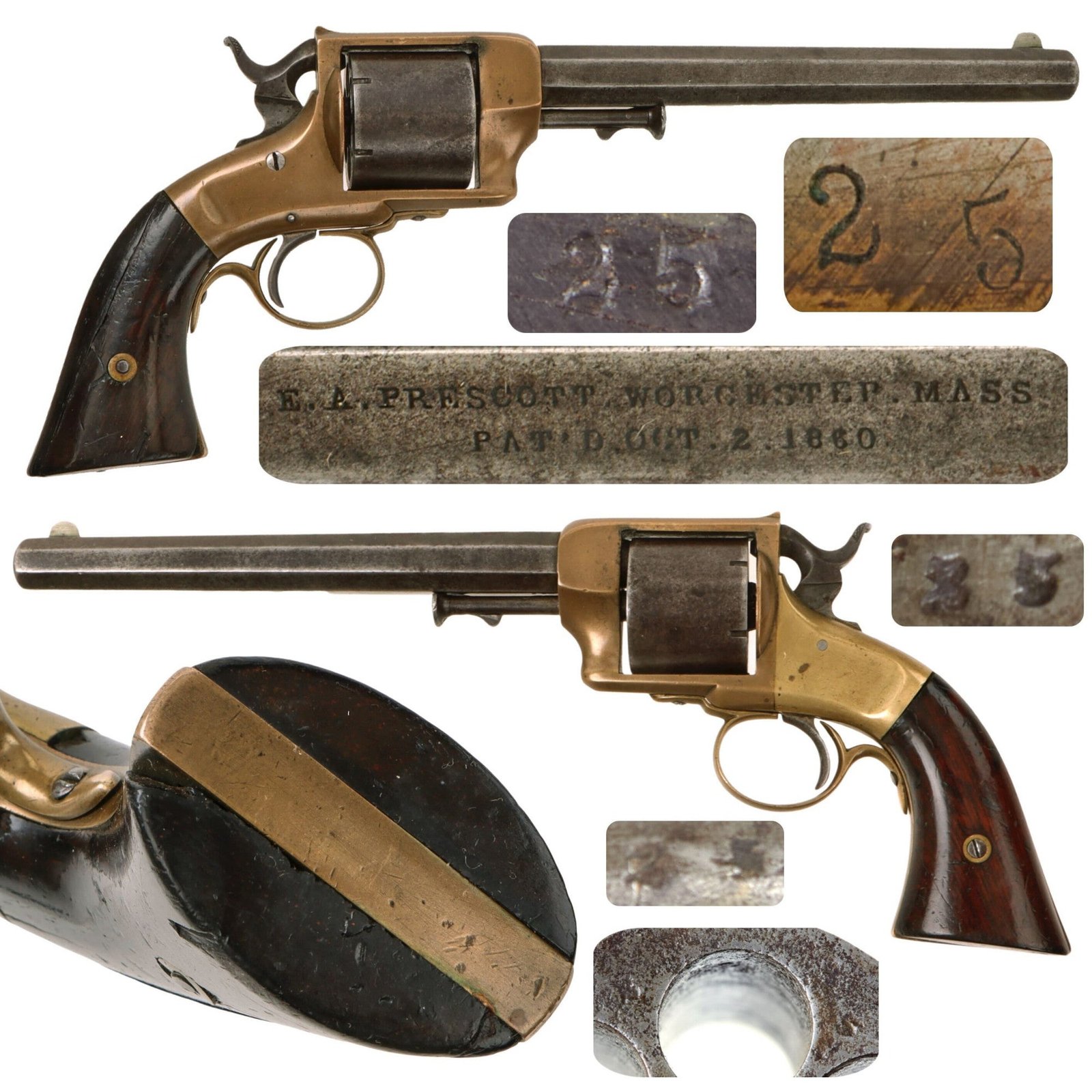 Original U.S. Civil War Scarce E.A. Prescott .38 Rimfire Brass Frame Single Action Navy Revolver - Matching Serial 25