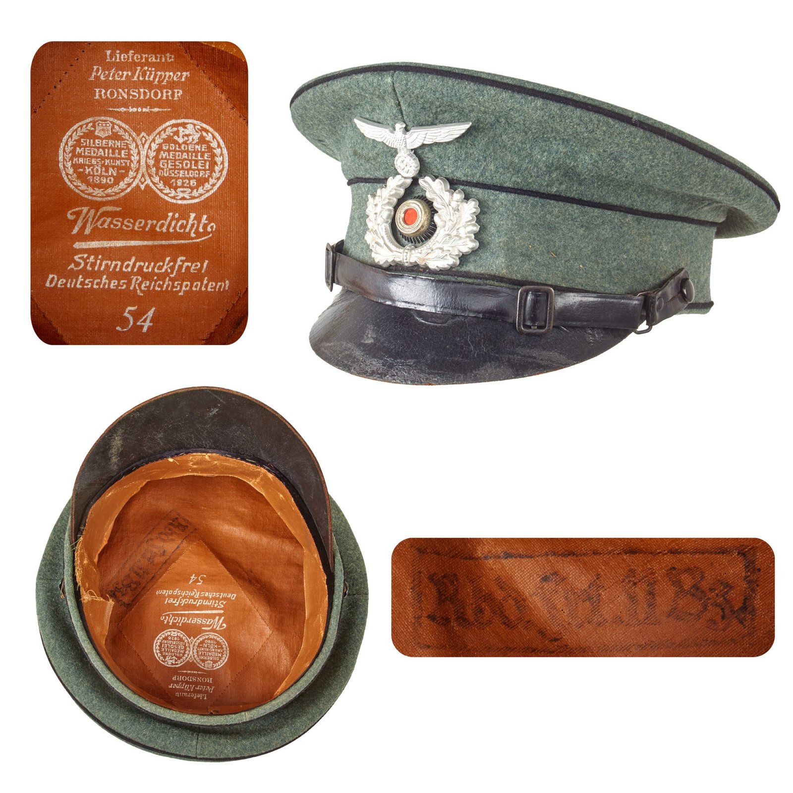 Original German WWII Heer Army Pioneer EM/NCO Schirmmütze Visor Cap by Peter Küpper with Replaced Leather Visor - size 54
