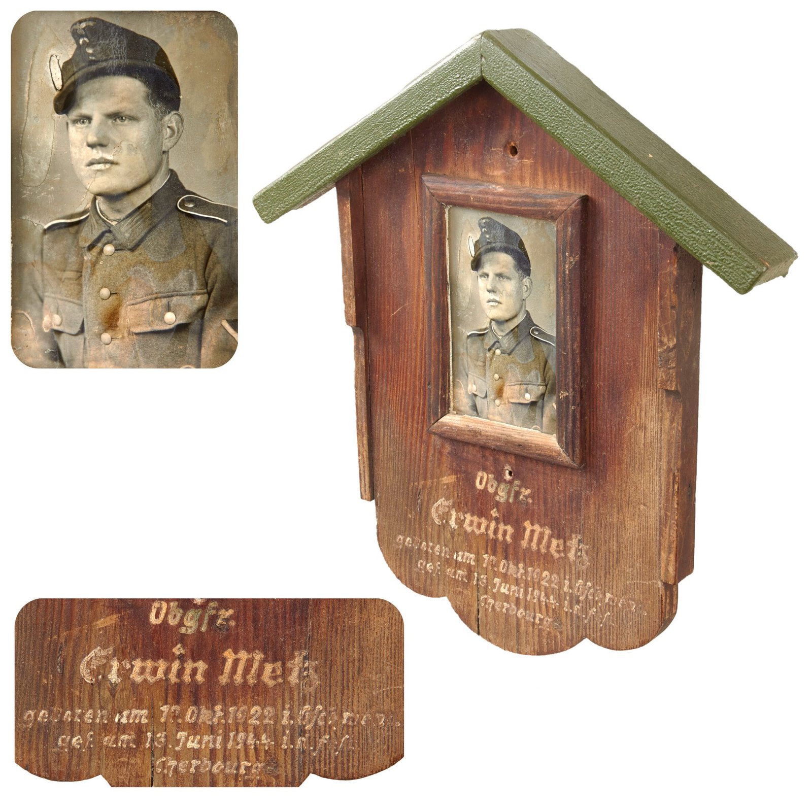 Original German WWII Killed in Action Soldier Memorial Shrine Plaque - Obgfr. Erwin Metz - KIA in Cherbourg June 13th, 1944 - 13 ¼ x 14 ¾”