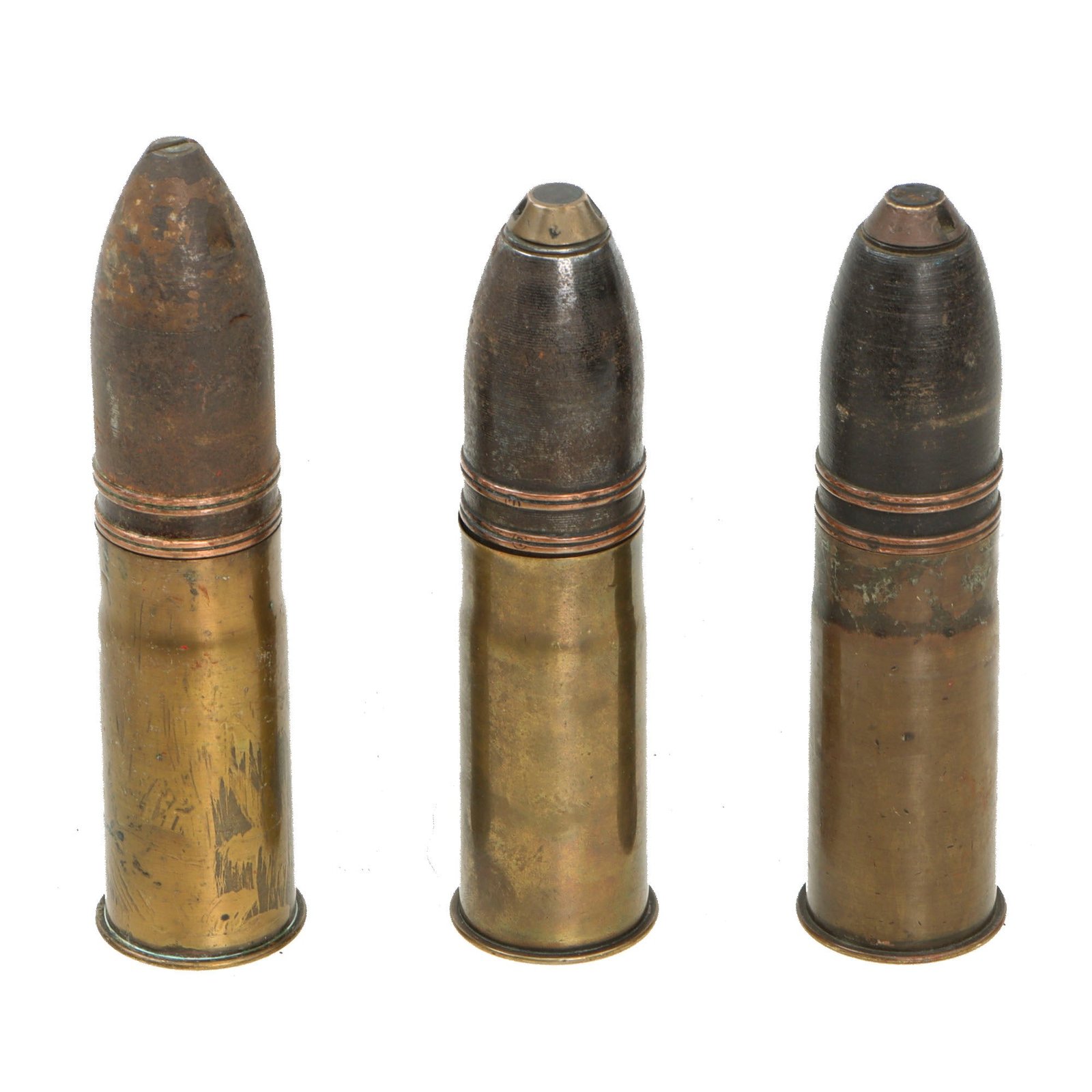 Original French WWI Inert Lot of Three 37mm Hotchkiss Rounds - Dated 1916 & 1917