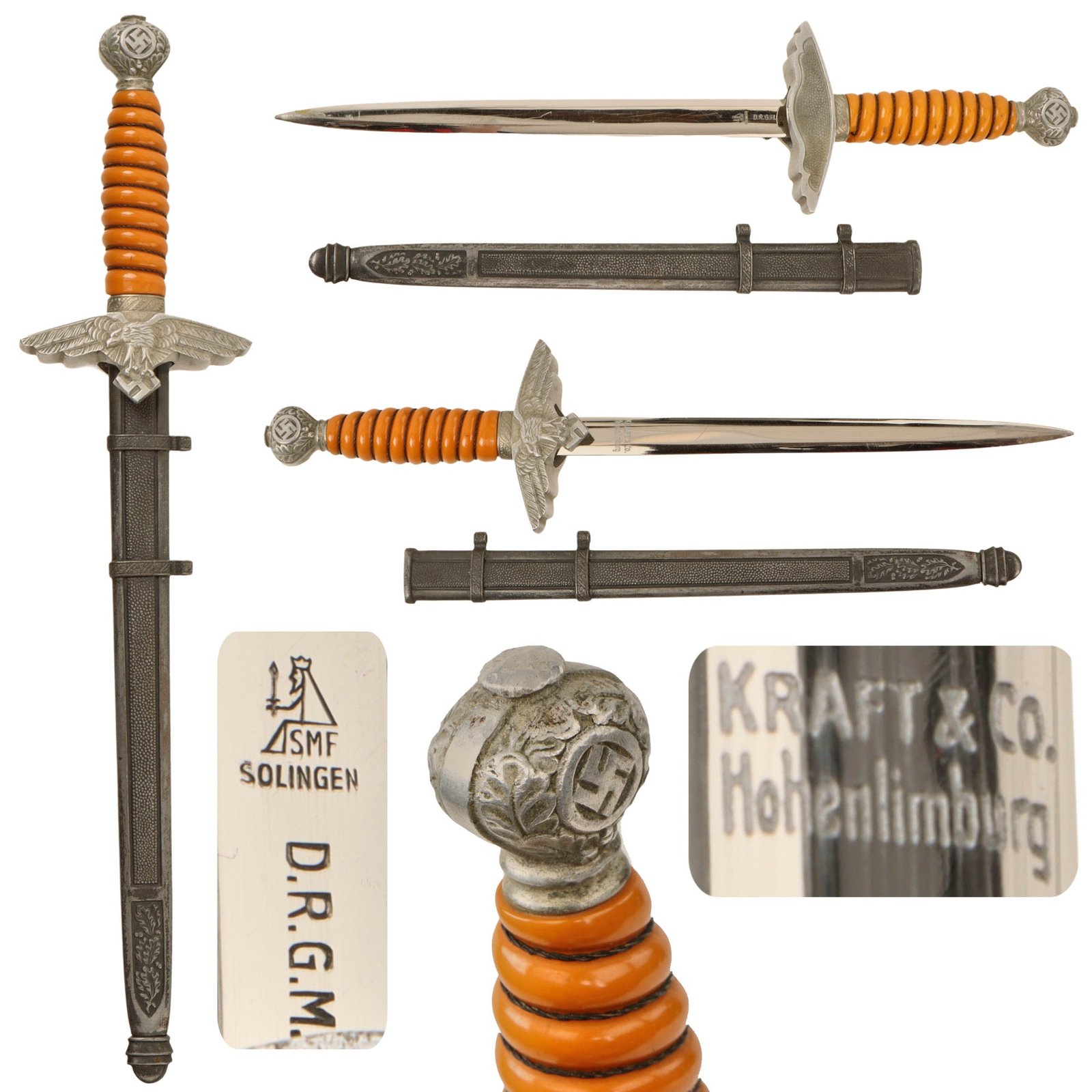 Original WWII German Miniature 2nd Model Luftwaffe Dagger Marked to Kraft & Co. of Hohenlimburg by SMF with Scabbard
