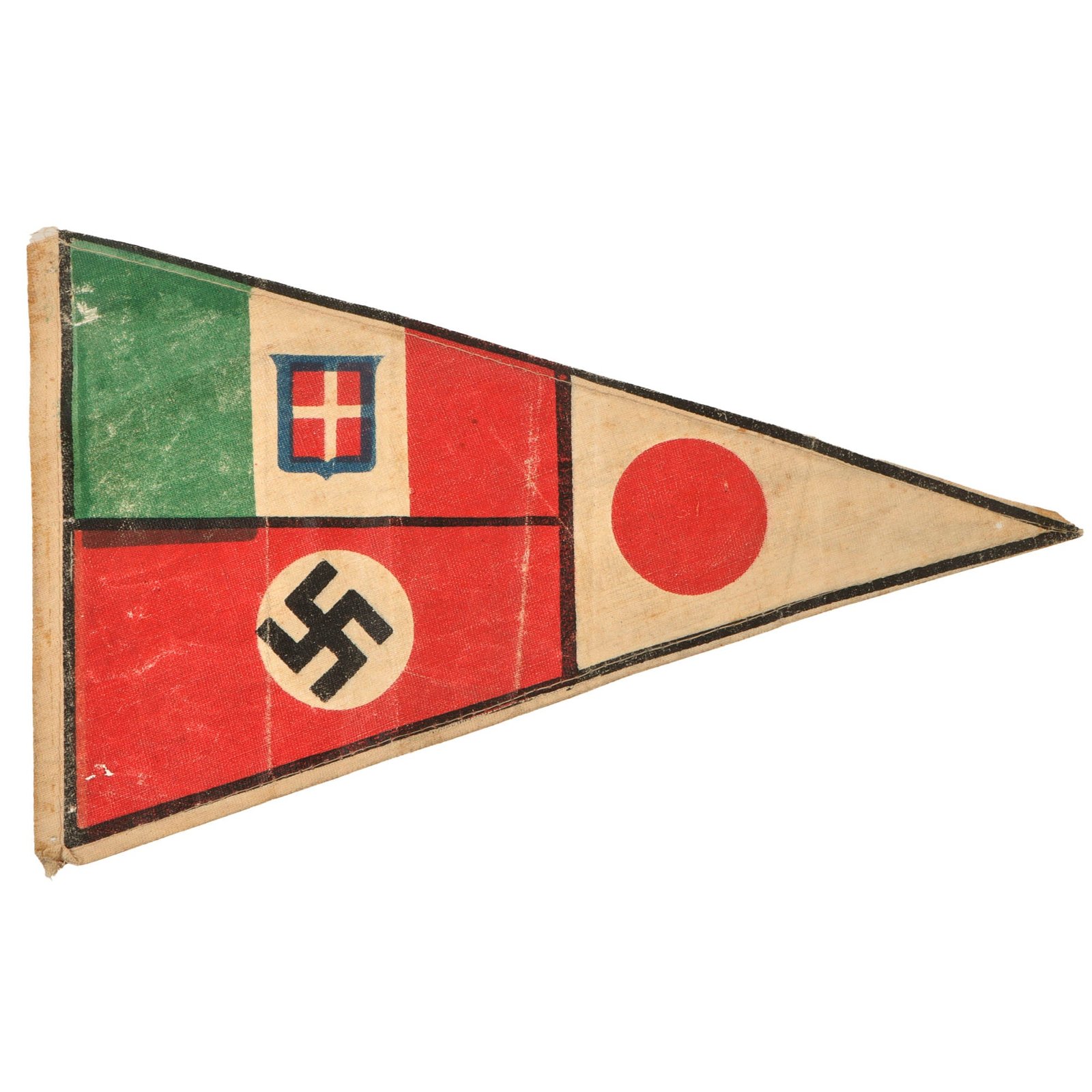 Original Italian WWII Axis Powers Friendship Pennant - Italian, German, and Japanese Emblems - 5 3/4" x 9 3/8"