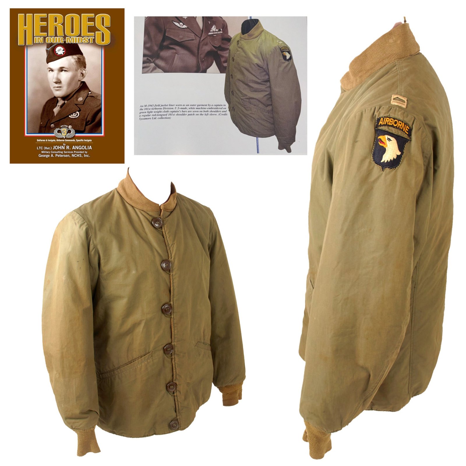 Original U.S. WWII 101st Airborne Division M-43 Jacket Liner Worn as Outer Garment with Captain’s Bars & 101st Patch -  Featured in “Heroes in Our Midst” Volume 3