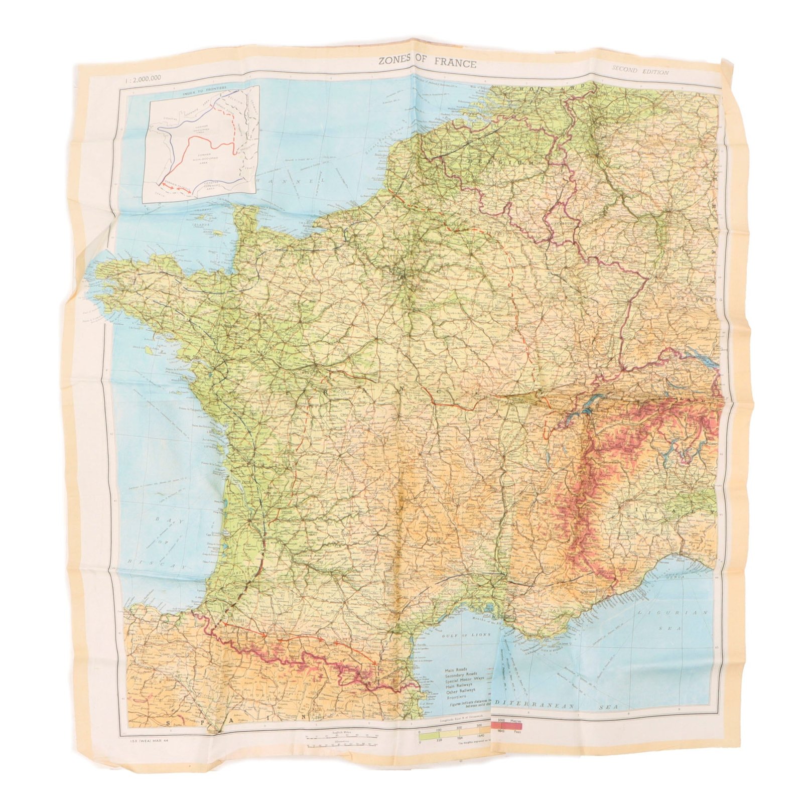 Original U.S. WWII Airborne "Zones of France" D-Day Silk Map - Dated March 1944 - WEA Western European Area - 22 ½” x 24”