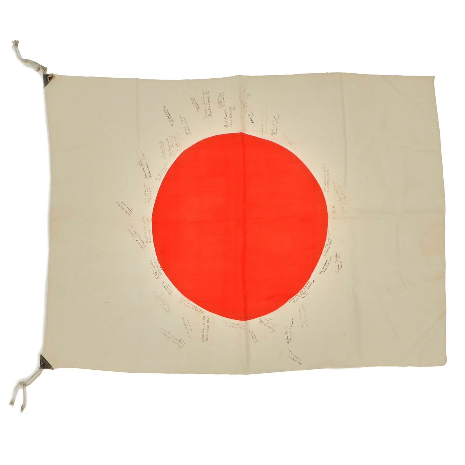 Original Imperial Japanese WWII 387th Infantry Regiment Occupation-Captured Meatball Flag with 39 Signatures Including Lt. Colonel Dennis J. McMahon - 29 x 39”