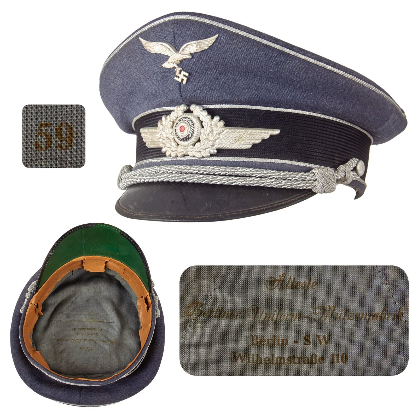 Original German WWII Luftwaffe Officer Schirmmütze Visor Crush Cap by Alleste - Size 59