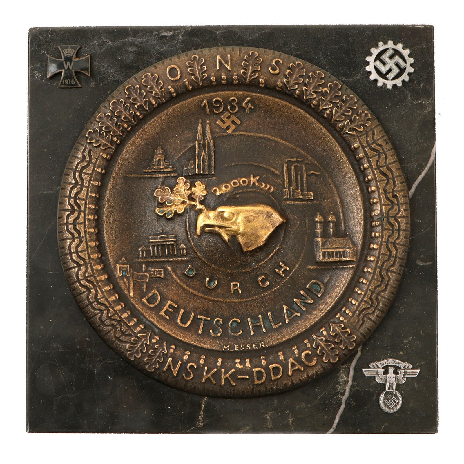 Original German Pre WWII NSKK - DDAC 1934 ONS 2000km Race Through Germany Commemorative Plaque on Black Marble Base