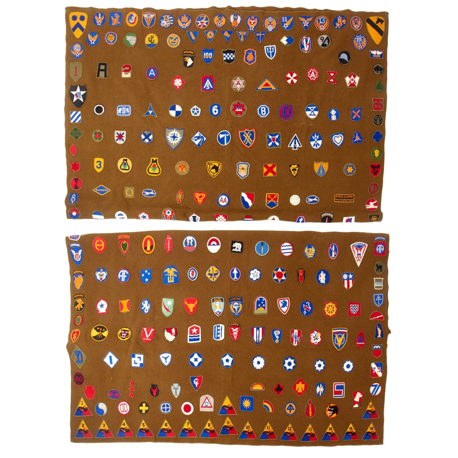 Original U.S. WWII Army 250-Patch Souvenir Blanket Featuring Organized Air Forces, Divisions, Armored Divisions, and More - 61 x 80”