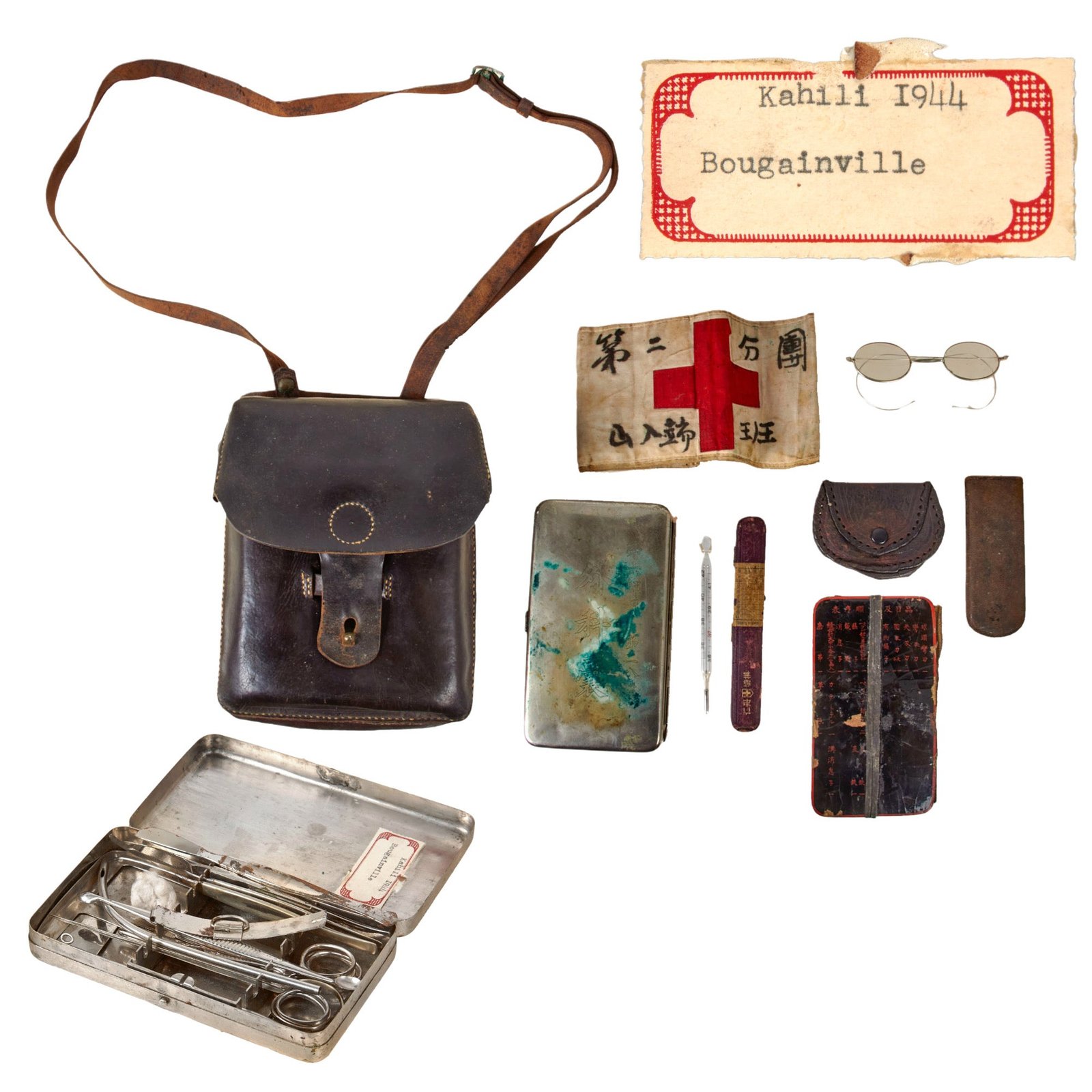Original Japanese WWII IJA Leather Surgery Medic First Aid Pouch with Medic’s Armband, Field Surgical Kit, & Contents Found at Kahili Airfield in Bougainville, New Guinea