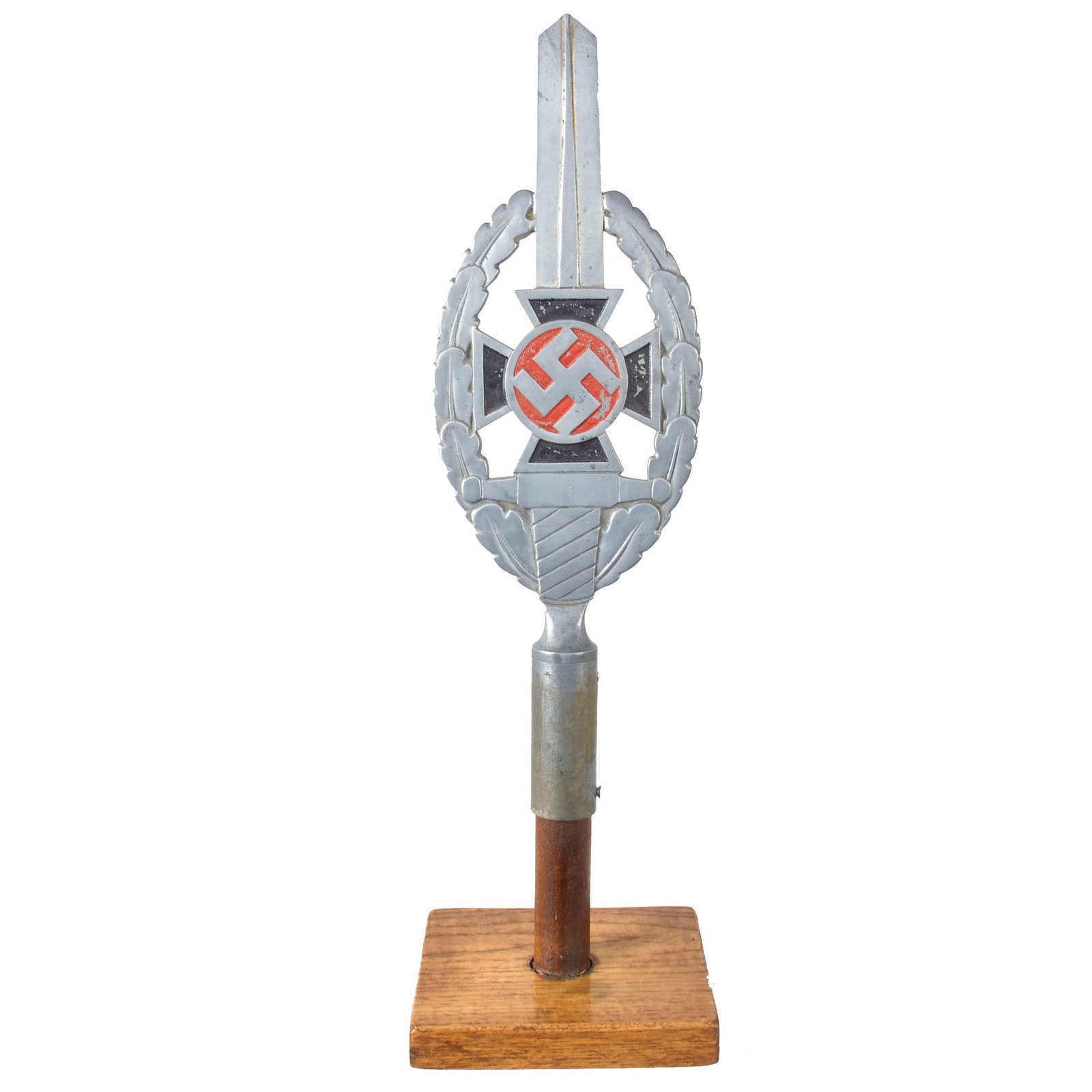 Original German WWII NSKOV National Socialist State War Victim's Care Flag Pole Finial by Otto Gahr on Wooden Stand