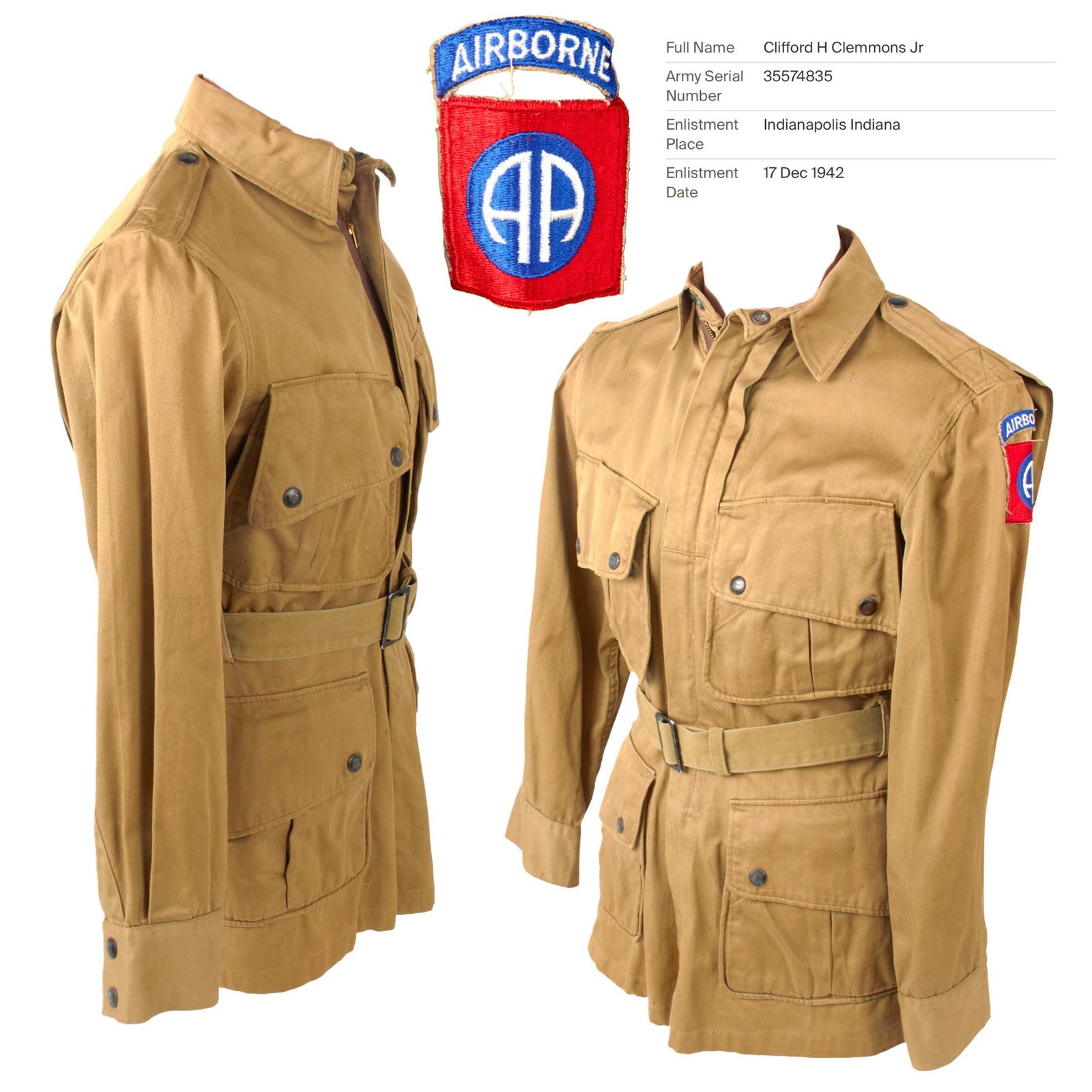 Original U.S. WWII Attributed 82nd Airborne Division M1942 Paratrooper Jump Jacket without Reinforcements with Replaced Zipper & Replica Belt - Clifford H. Clemmons