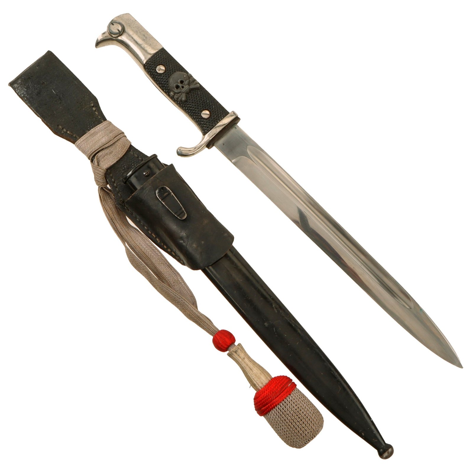 Original German WWII Heer Army Panzer Skull Decorated 98k Long Dress Bayonet by Siegfried Ernst Pack & Söhne with Scabbard, Frog, and Troddel