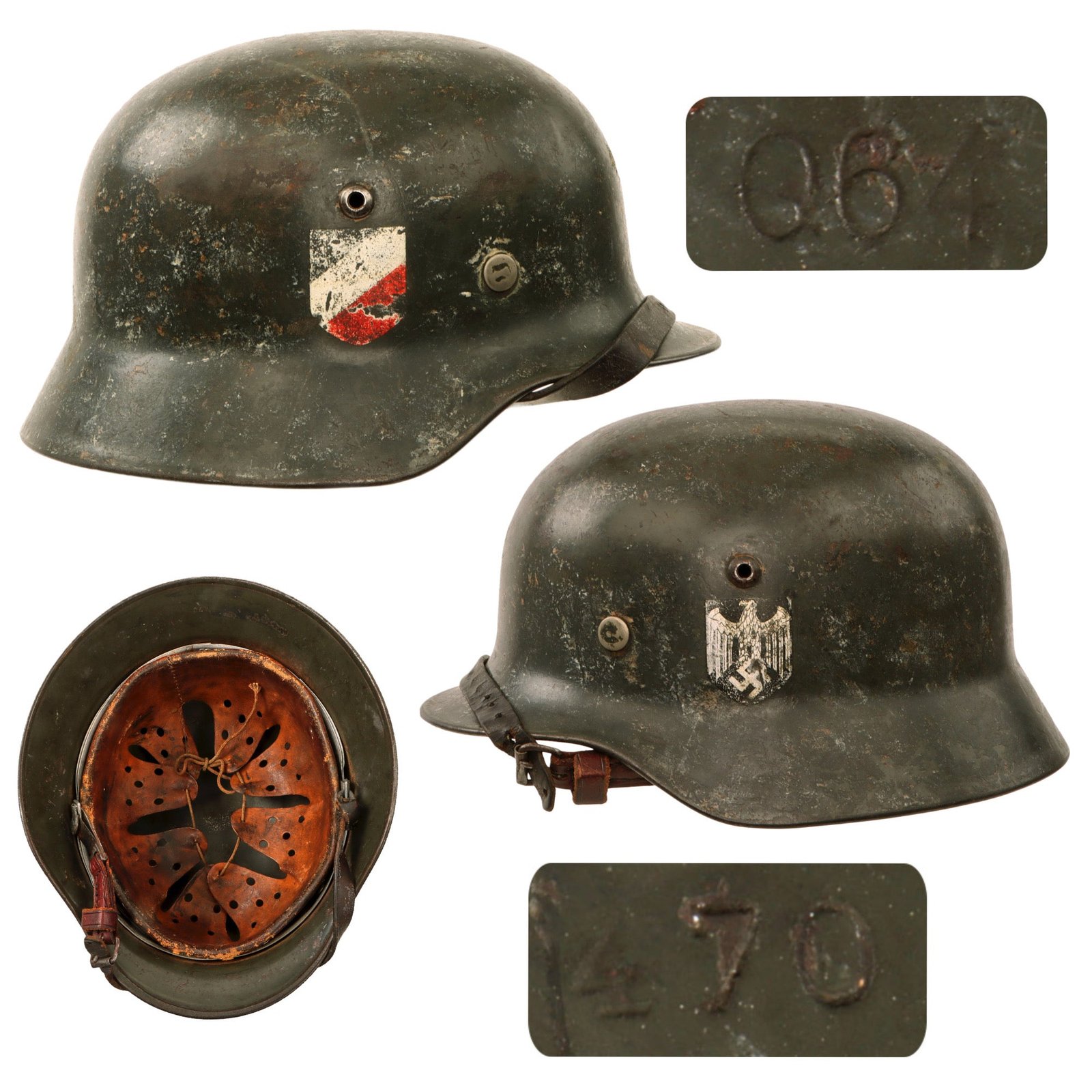 Original German WWII Heer Army M35 Double Decal Helmet with 1938 Dated 57cm Liner & Replaced Chinstrap - Stamped Q64