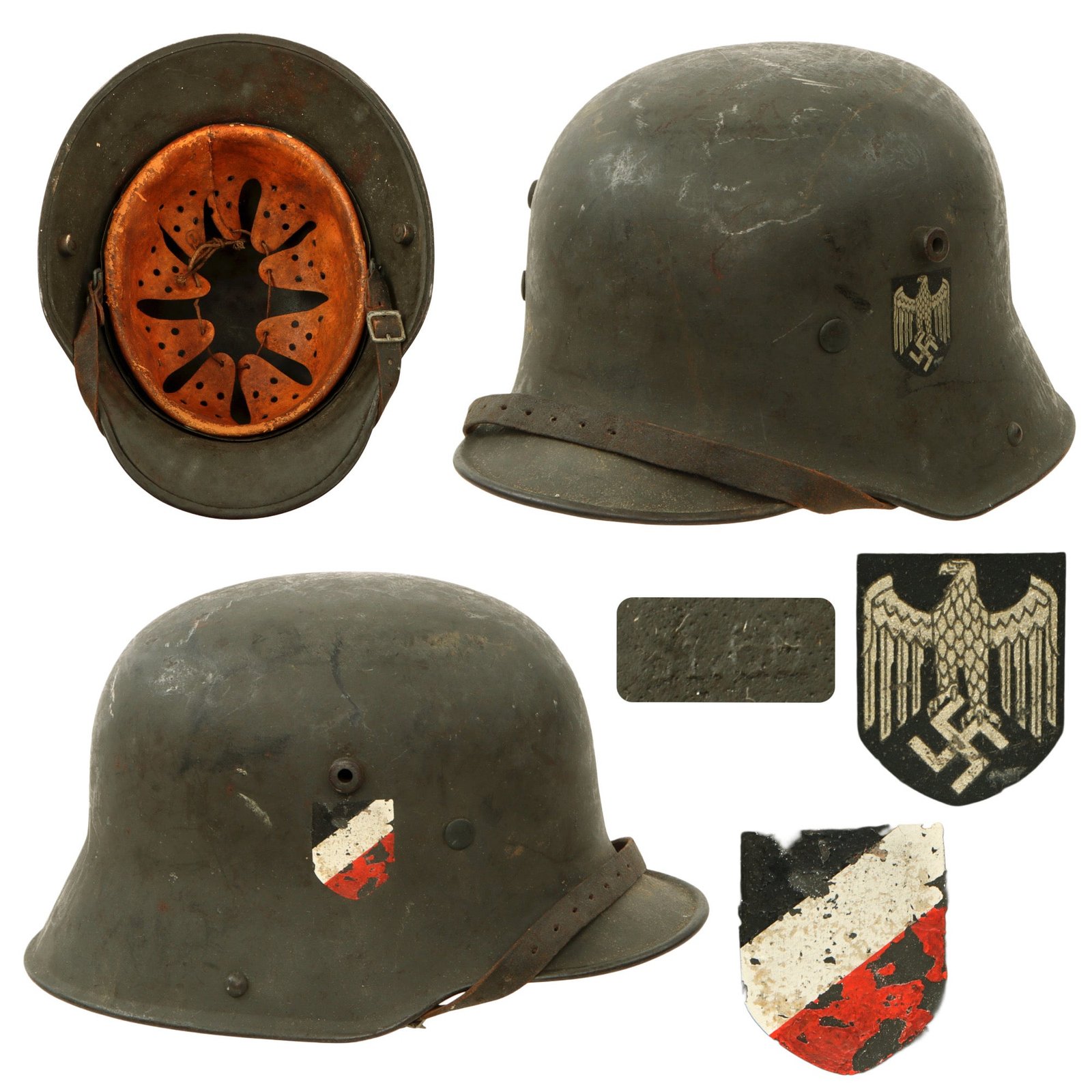 Original German WWII M16 Transitional Heer Army Single Decal Helmet with 59cm Liner & Chinstrap - Added Tricolor Shield - Stamped Si. 66