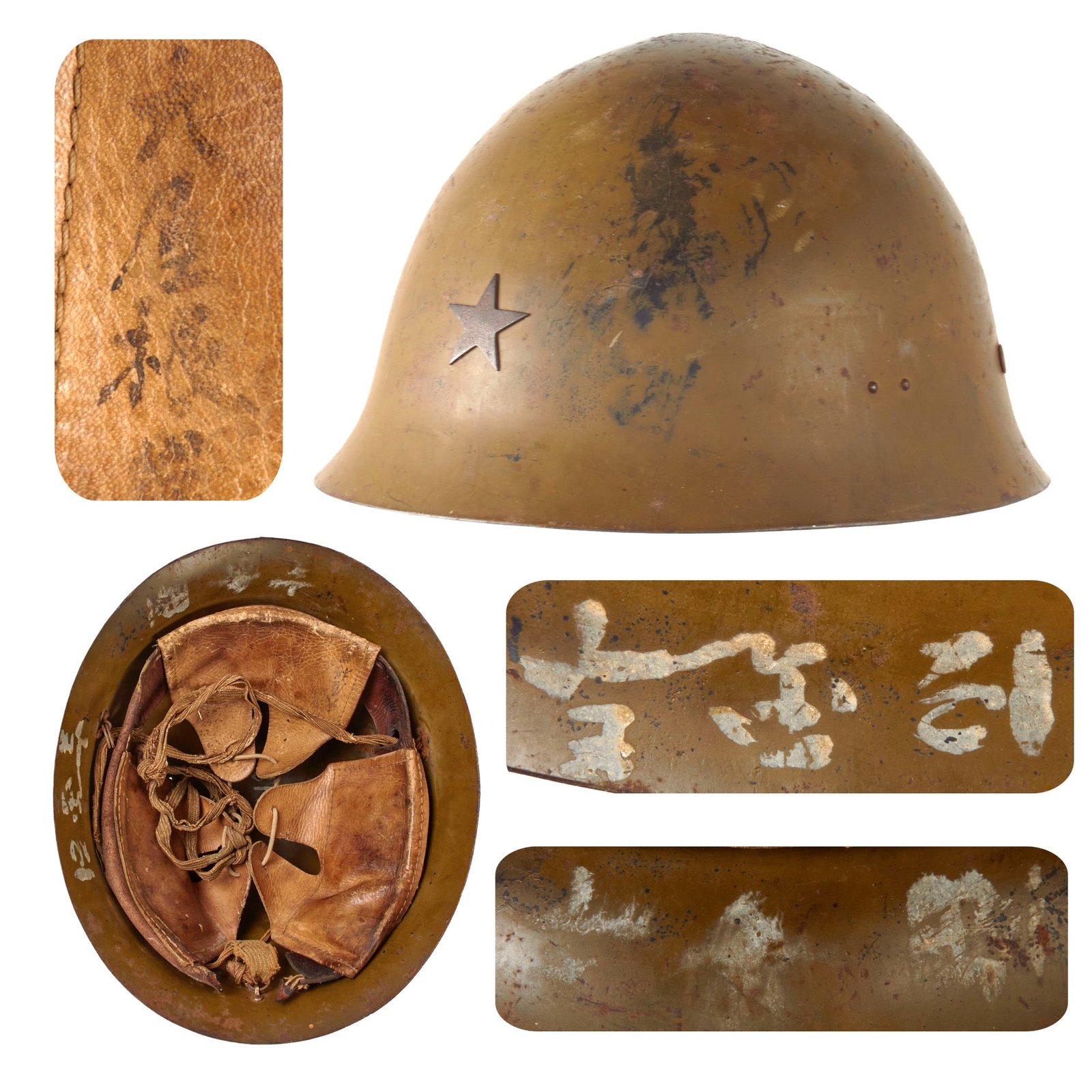 Original Japanese WWII Type 90 Army Helmet with Complete Liner and Chinstrap by Kobe Steel - Kanji Inscriptions on Shell & Liner - Tetsubo
