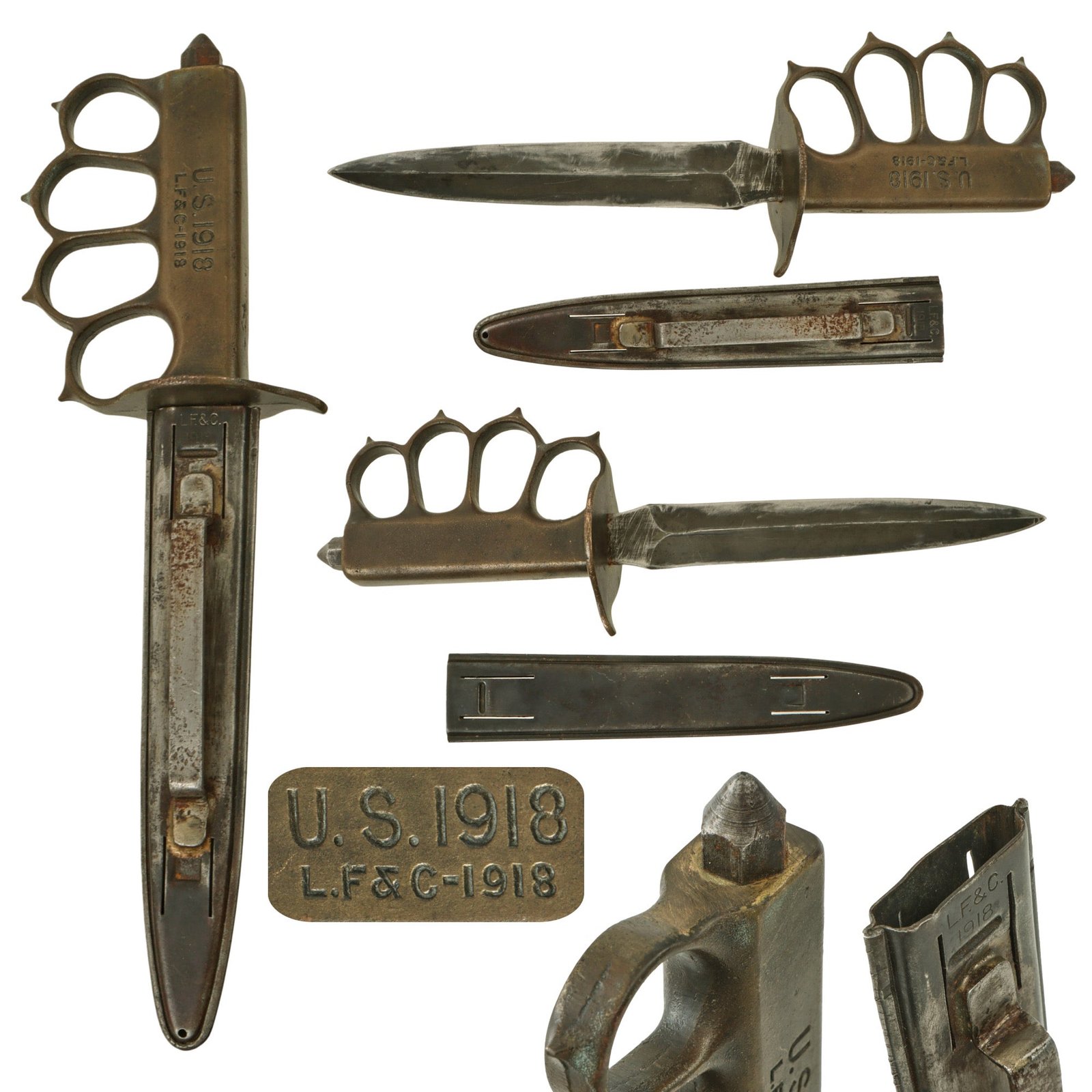 Original U.S. WWI Model 1918 Mark I Trench Knife by L. F. & C. with Modified Steel Scabbard for Belt Wear