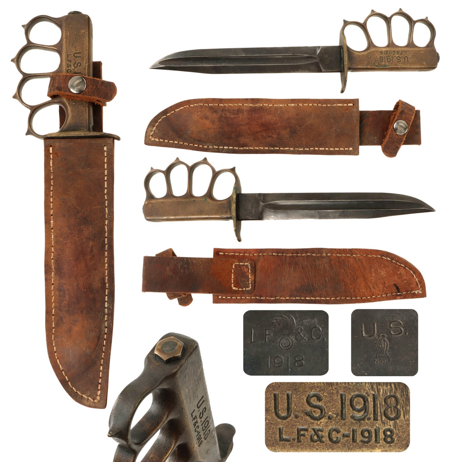 Original U.S. WWI / WWII M1918 Mark I Modified Trench Knife with M1913 Patton Saber Blade by L. F. & C. with Custom Leather Scabbard