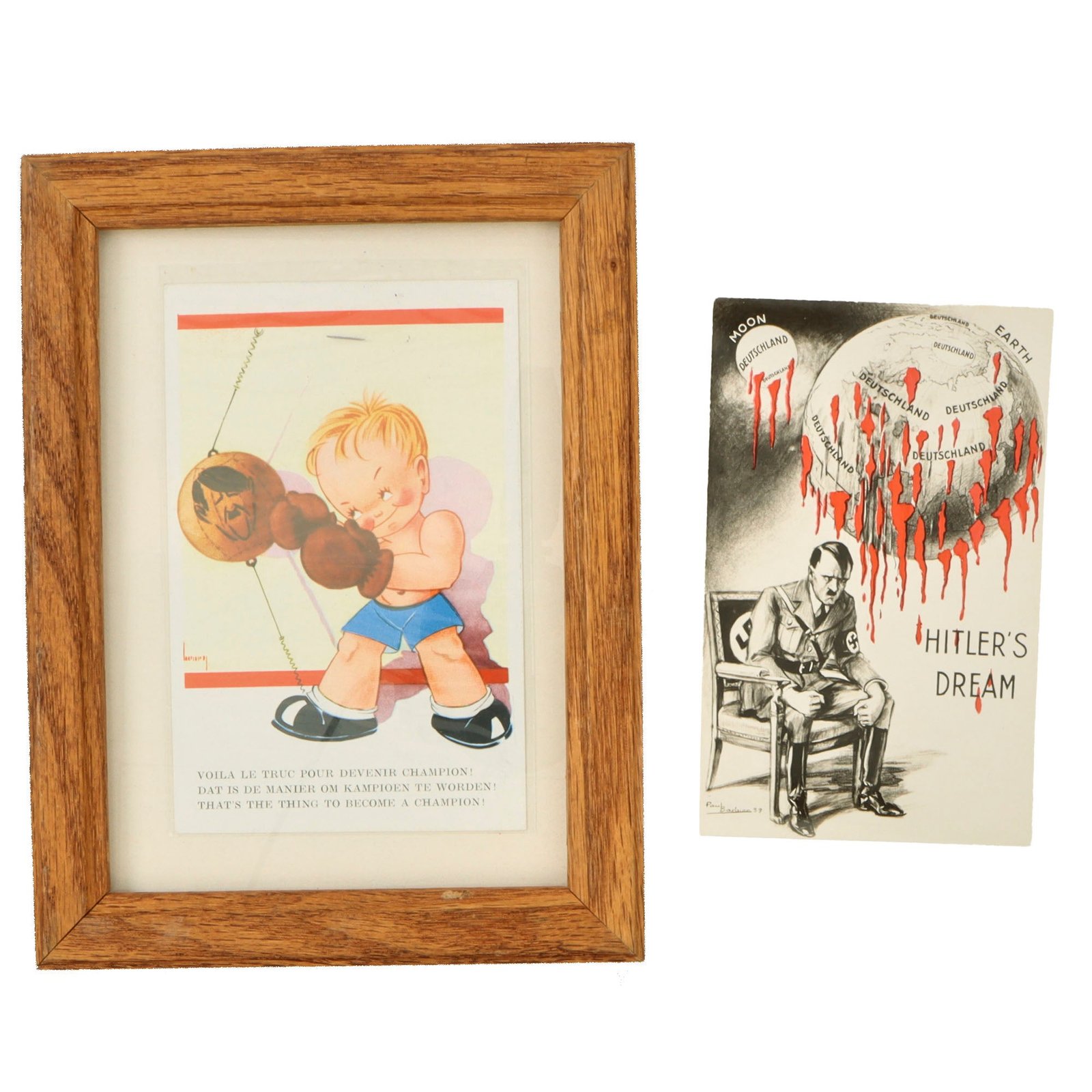 Original French WWII Anti-Axis AH Propaganda Postcards - One Framed 6 ⅛ x 8 ⅛”