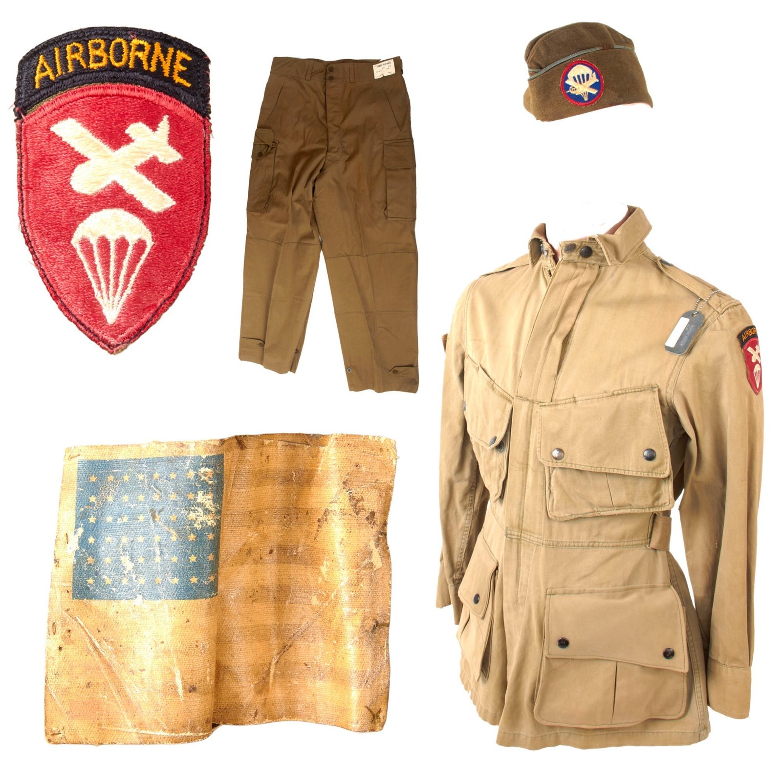 Original U.S. WWII Airborne Command M1942 Paratrooper M42 Jump Jacket without Reinforcements with Flag Patch & Replaced Zipper and Post-War French-Made Pants with Garrison Cap