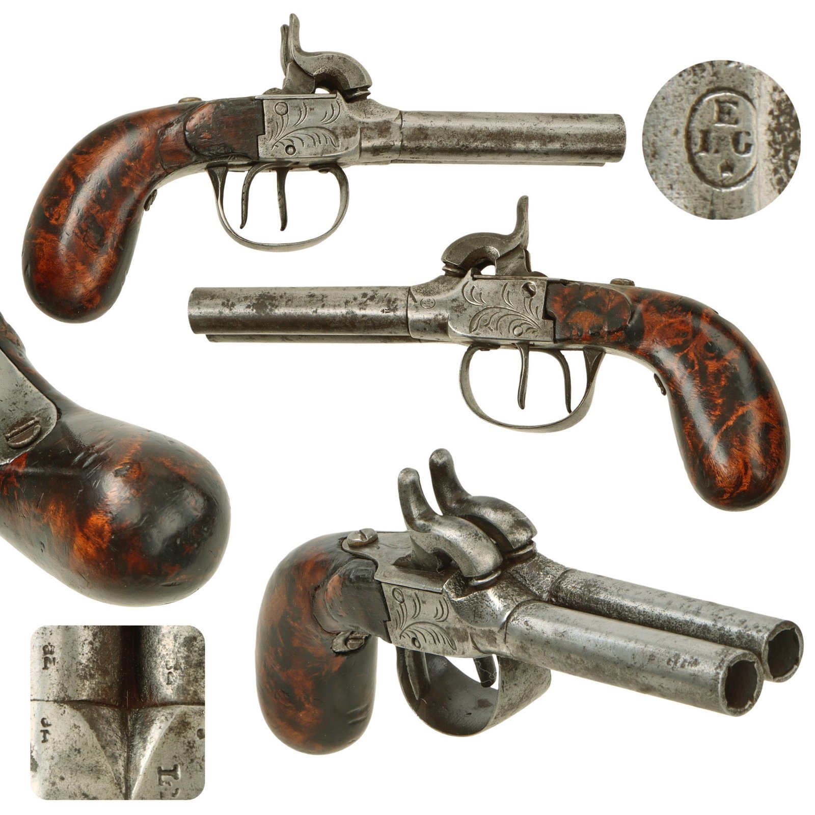 Original Victorian Era Belgian Double Barreled Percussion Pistol with Burl Wood Grip and Engraved Frame - Circa 1840