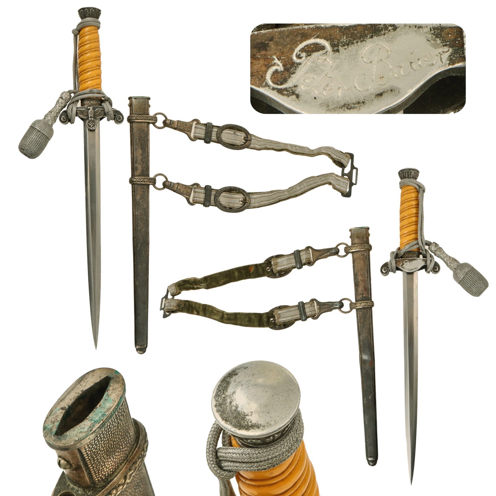 Original German WWII Named Heer Army Officer Dagger with Scabbard, Hanger, and Portepee - Excellent Unmarked Blade