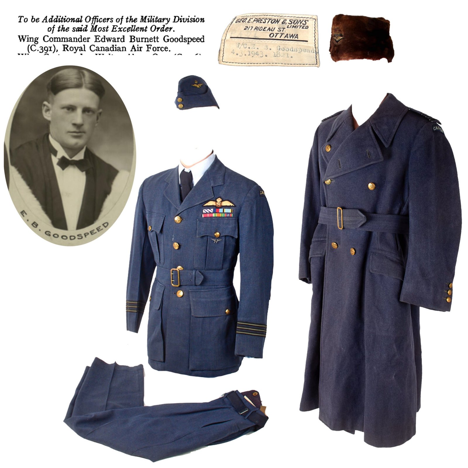 Original Canadian WWII CRAF Wing Commander Officer Pilot’s Uniform & Overcoat Grouping with Fur Hat & Overseas Cap - W/C Edward Burnett Goodspeed, OBE
