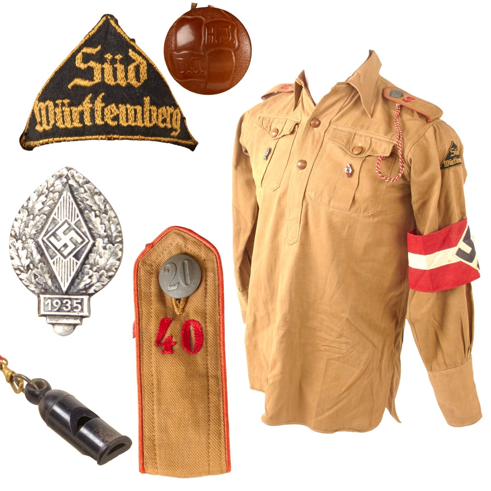 Original German WWII HJ National Youth District Süd Württemberg Tan Uniform Shirt with Armband and Whistle - Bann 40