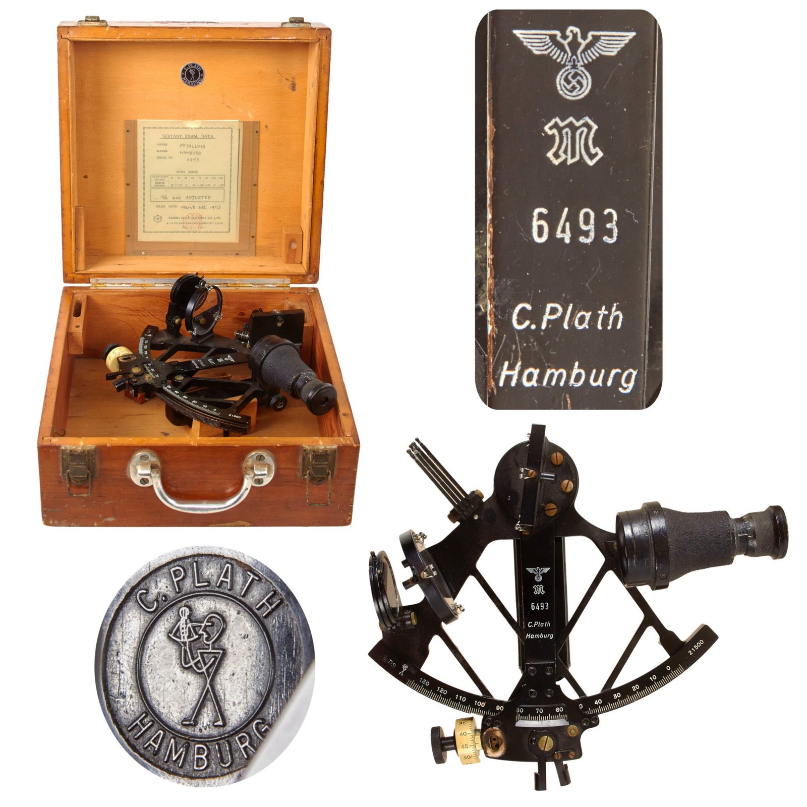 Original German WWII German Kriegsmarine Navy Sextant by C. Plath of Hamburg in Wooden Case