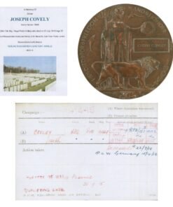 Original British WWI KIA Death Penny Soldier Memorial with Printed Research Documents - Gunner Joseph Covley, Prisoner of War, 25th Trench Mortar Battery, Royal Field Artillery