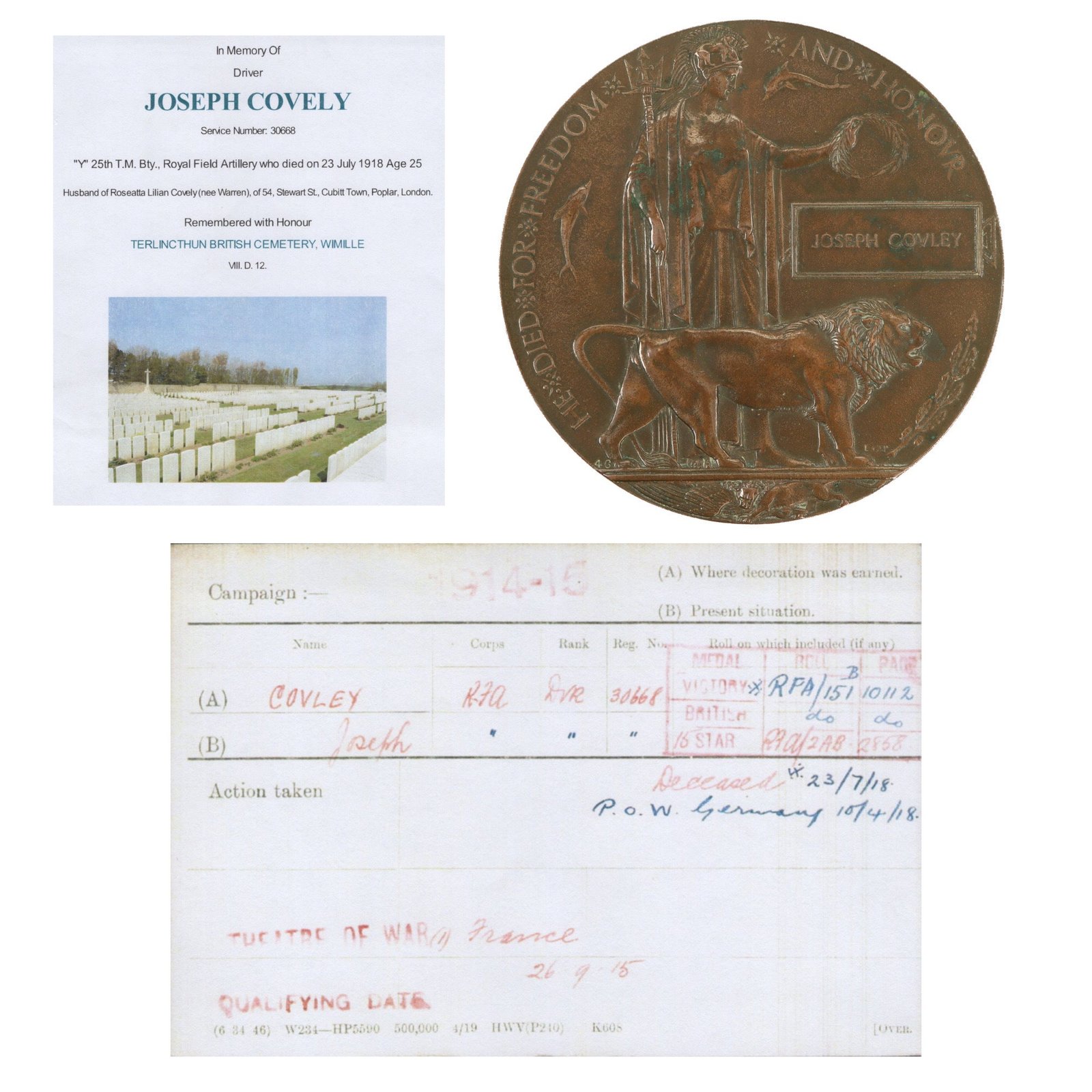 Original British WWI KIA Death Penny Soldier Memorial with Printed Research Documents - Gunner Joseph Covley, Prisoner of War, 25th Trench Mortar Battery, Royal Field Artillery