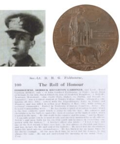 Original British WWI KIA Death Penny Soldier Memorial with Printed Research Documents - 2nd Lieutenant Derrick Haughton Cardiner Fishbourne, Royal Garrison Artillery