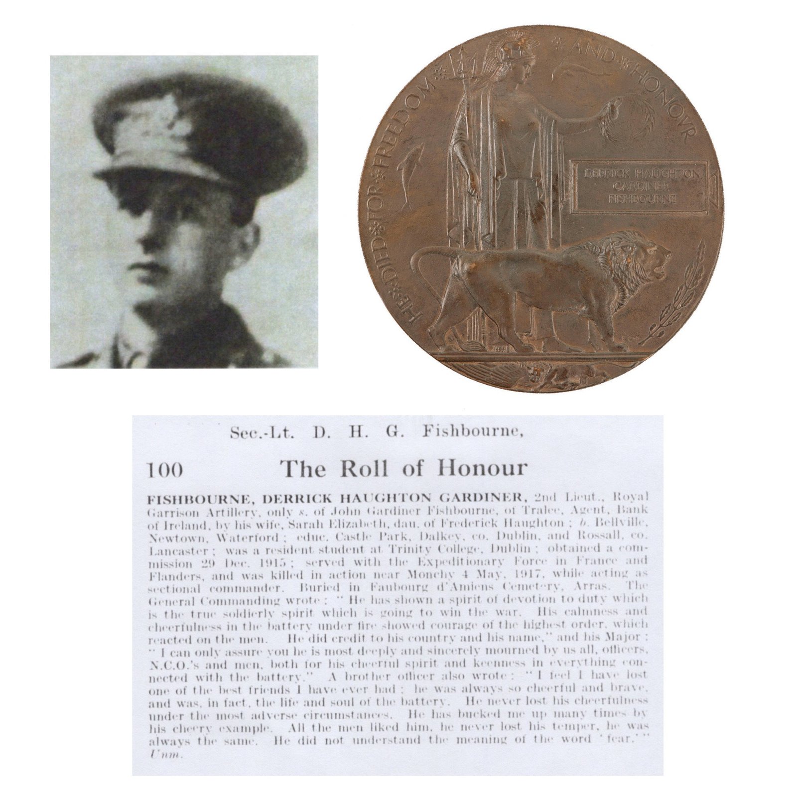 Original British WWI KIA Death Penny Soldier Memorial with Printed Research Documents - 2nd Lieutenant Derrick Haughton Cardiner Fishbourne, Royal Garrison Artillery