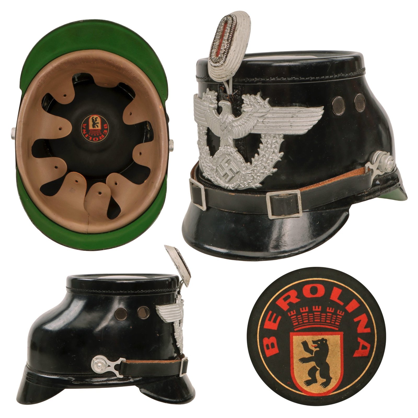 Original German WWII Named Early Pattern Metropolitan Police Shako in Black by Berolina - Size 55