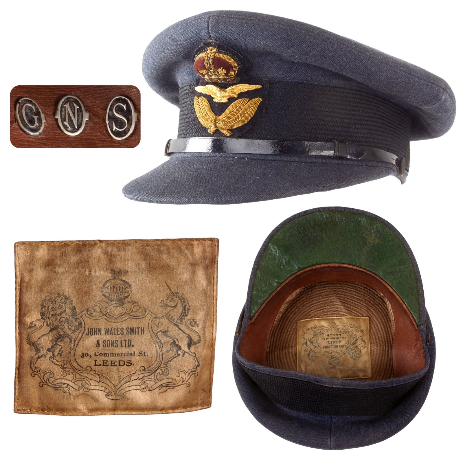 Original British WWII Royal Air Force RAF Officer Visor Cap by John Wales Smith & Sons of Leeds with Monogram