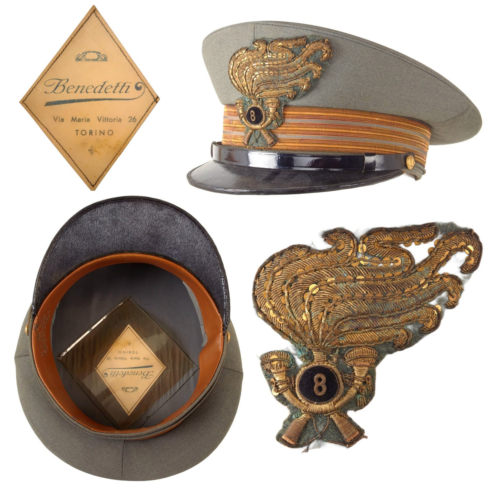 Original WWII Italian 8th Bersaglieri Regiment Capitano Officer's Dress Peaked Visor Cap by Benedetti of Torino