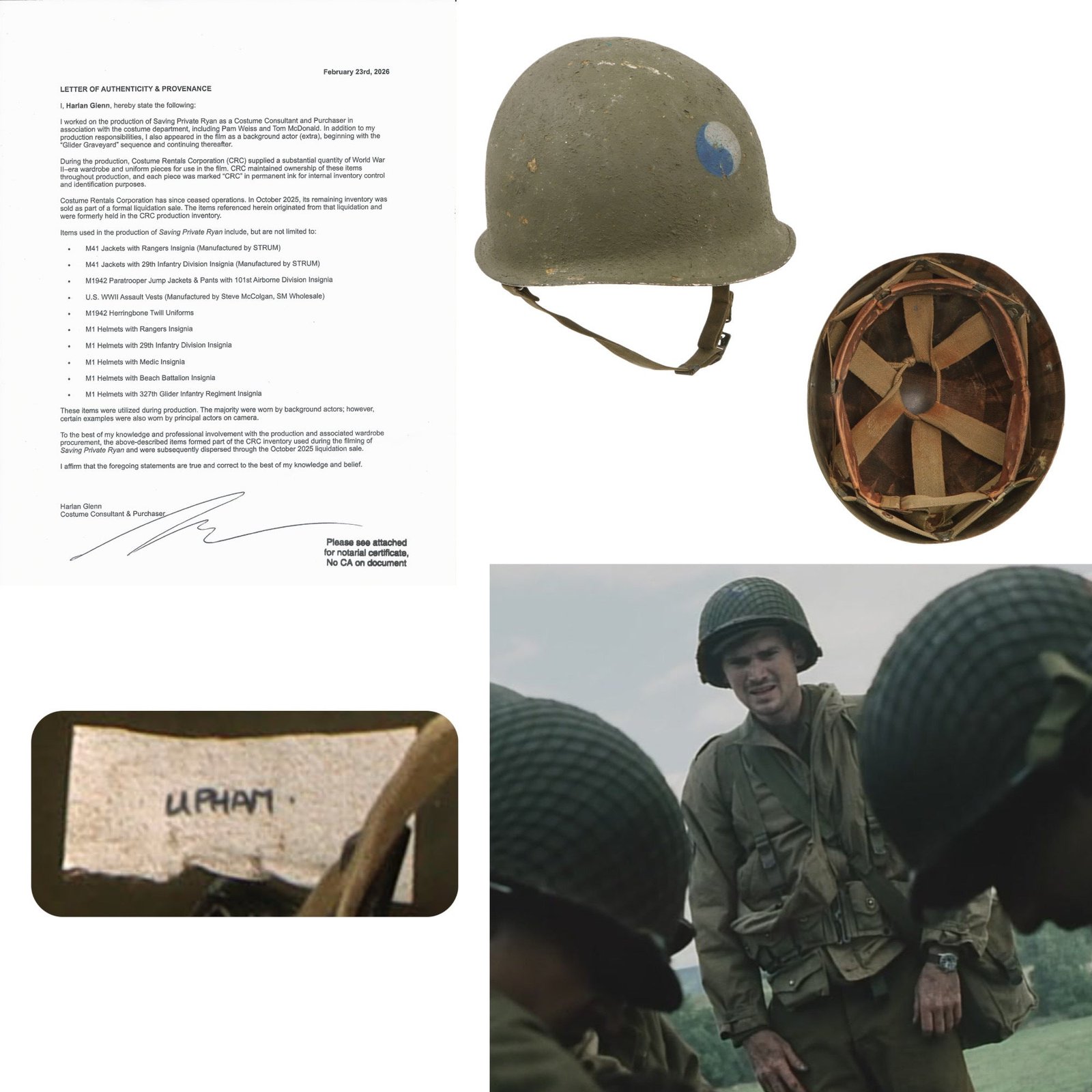 Original U.S. WWII M1 Helmet Worn by Technician 5th Grade Timothy E. Upham in Film Saving Private Ryan with Cut-Down Firestone Liner - 29th Infantry Division - Comes with Original Notarized Letter of Authenticity