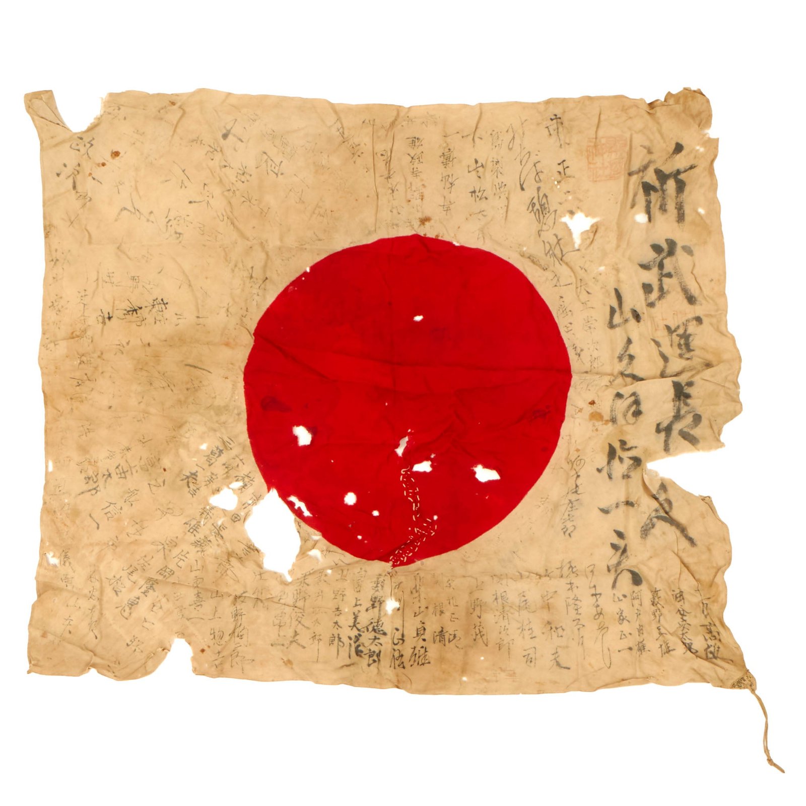 Buy Original Japanese WWII Hand Painted Cloth Good Luck Flag with Lots of Signatures & Temple Stamps - USGI Battlefield Pickup Bring Back - 29 x 33” | Original Firearms Antique For Sale