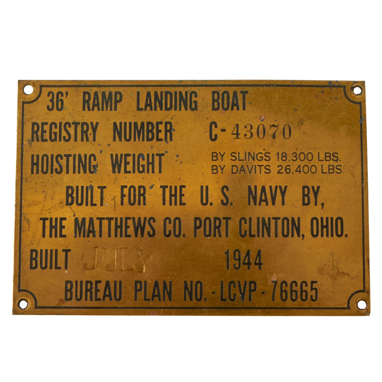 Buy Original U.S. WWII 36’ Ramp Landing Boat Data Plate by the Matthews Company - Dated July 1944 | Original Firearms Antique For Sale