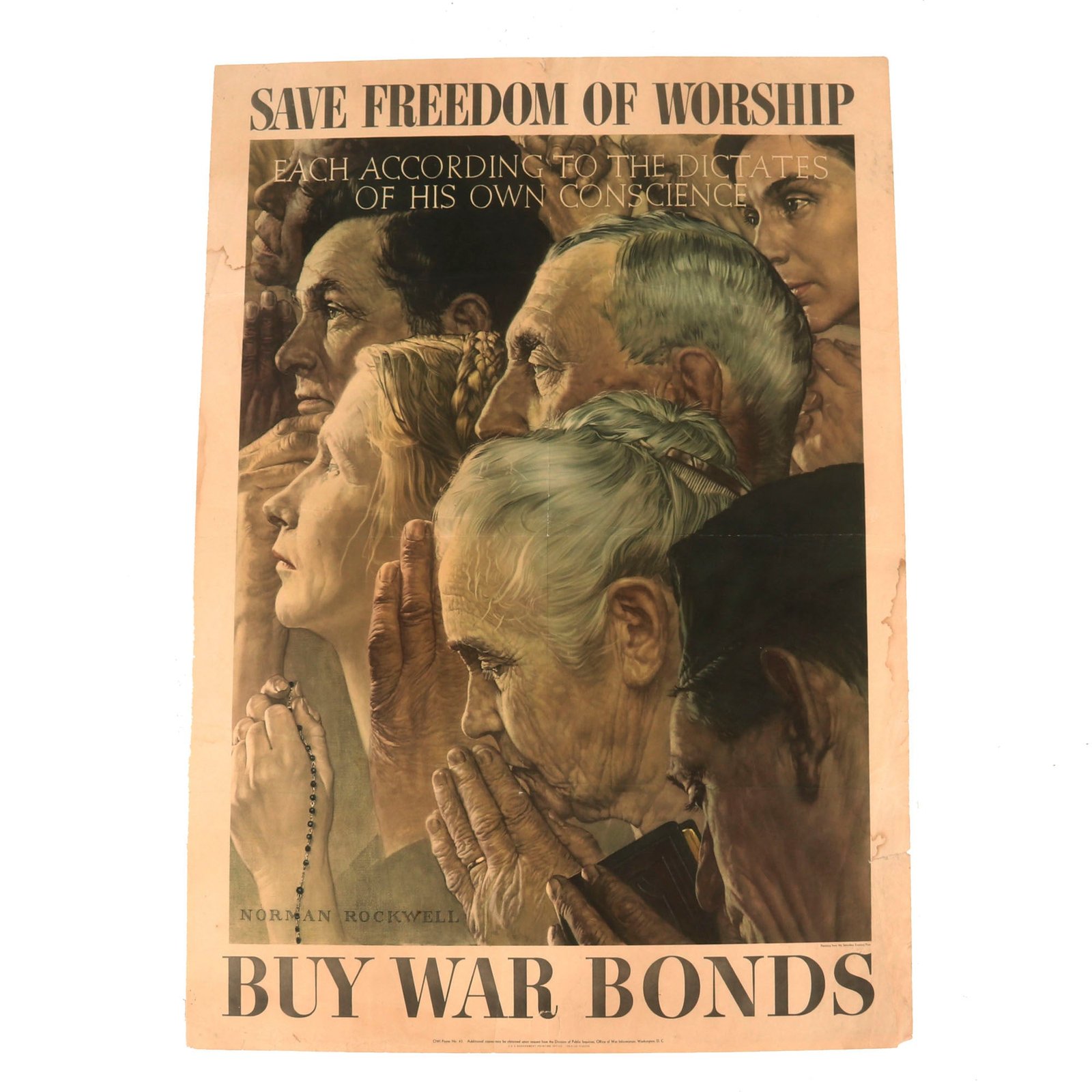 Buy Original U.S. WWII “Save Freedom of Worship” War Bonds Propaganda Poster by Norman Rockwell - 20 x 28” | Original Firearms Antique For Sale