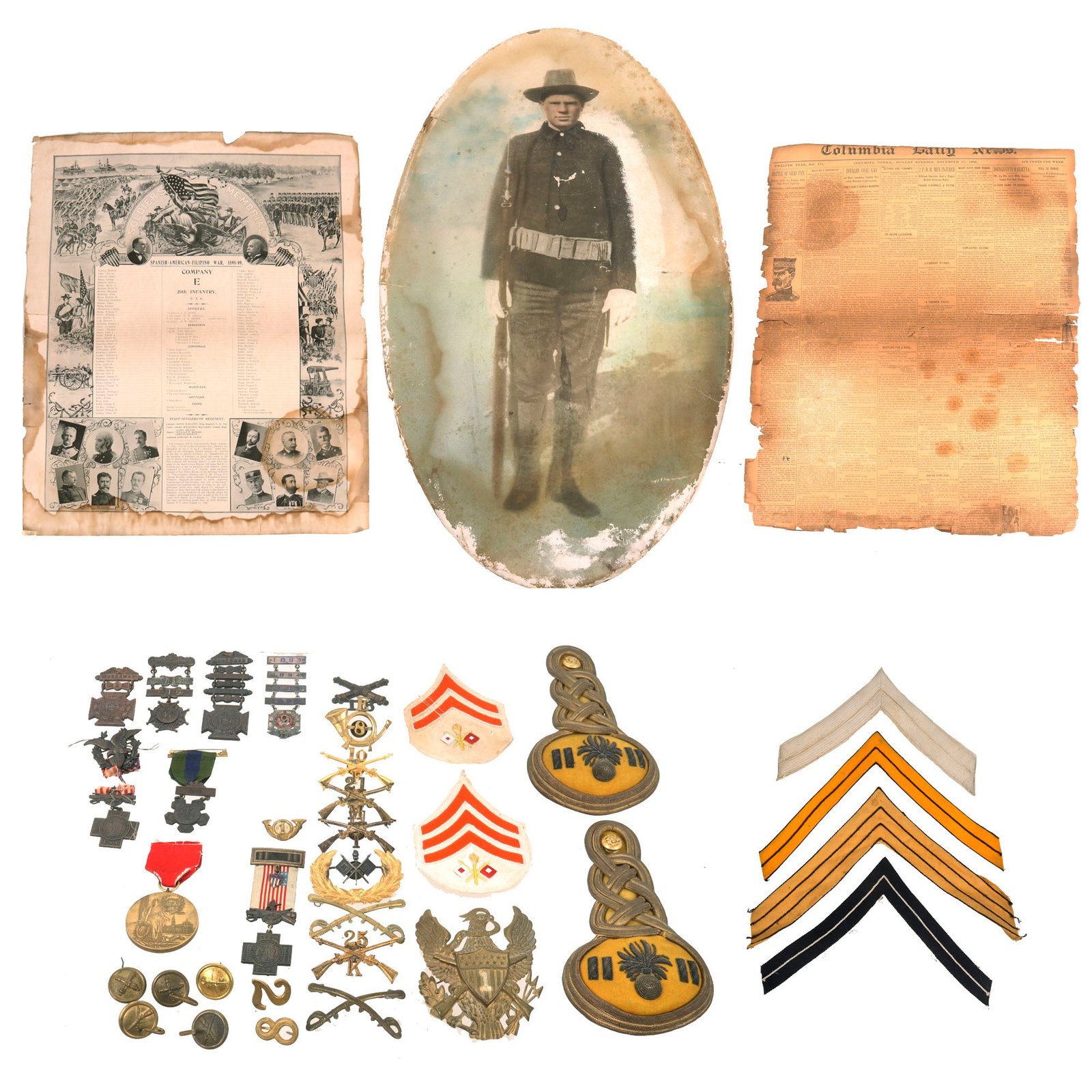 Buy Original U.S. Spanish American War Portrait & Insignia Lot - 20th Infantry Regiment Roster | Original Firearms Antique For Sale