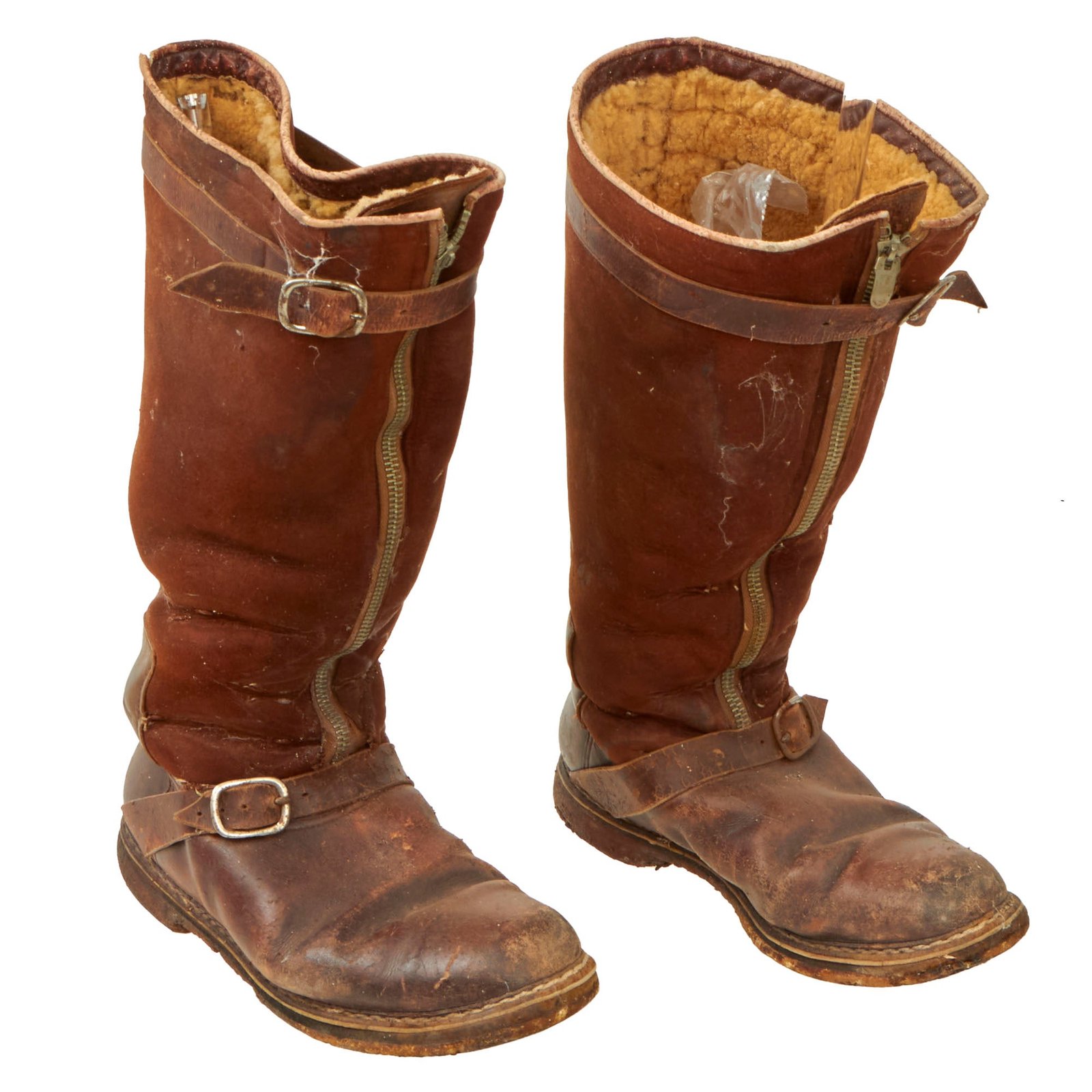 Buy Original German WWII Luftwaffe Fleece-Lined Brown Leather Single-Zip Pilot Flying Boots | Original Firearms Antique For Sale