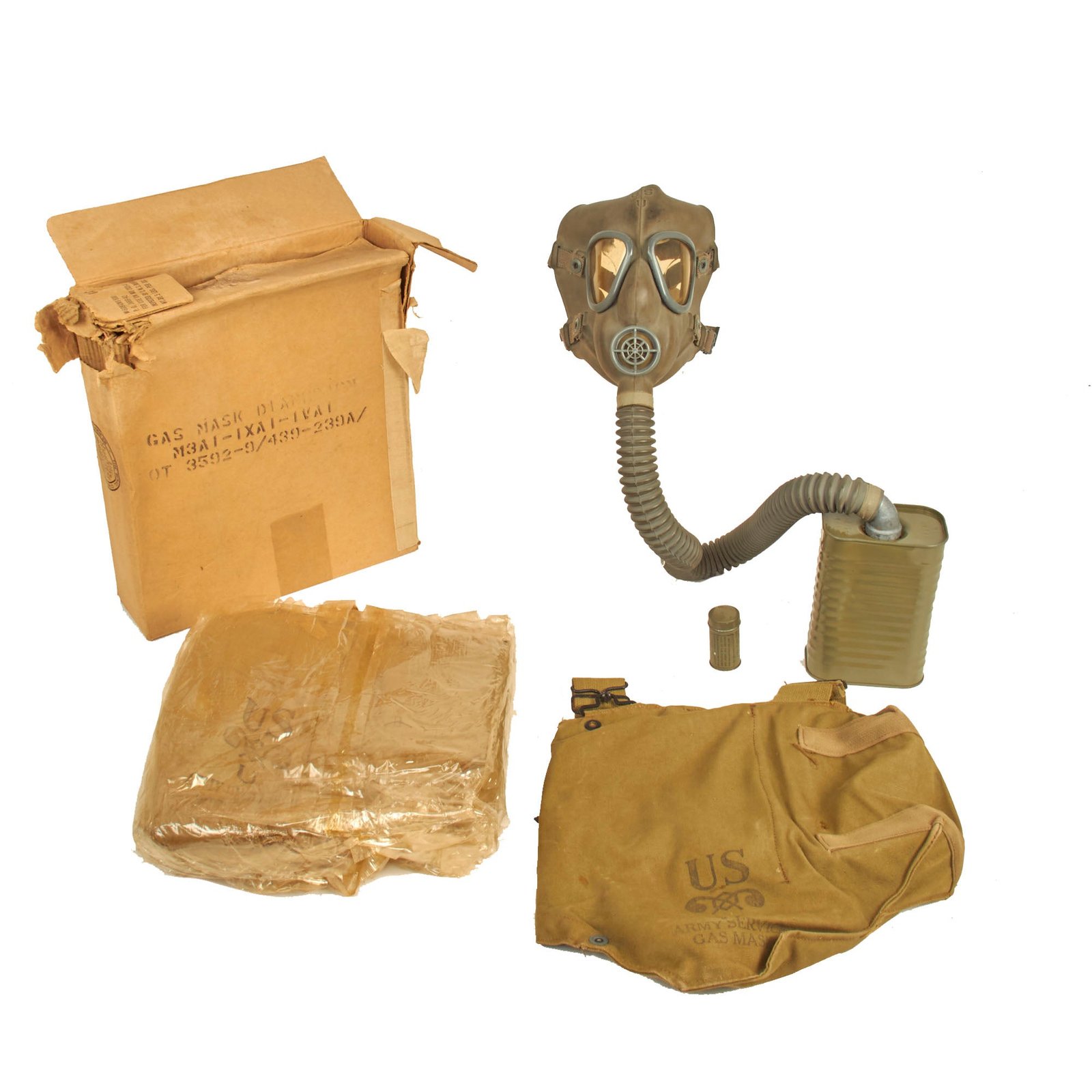 Buy Original U.S. WWII Unissued M3A1 Gas Mask in Original Box and M4 Lightweight Service Gas Mask - 2 Items | Original Firearms Antique For Sale