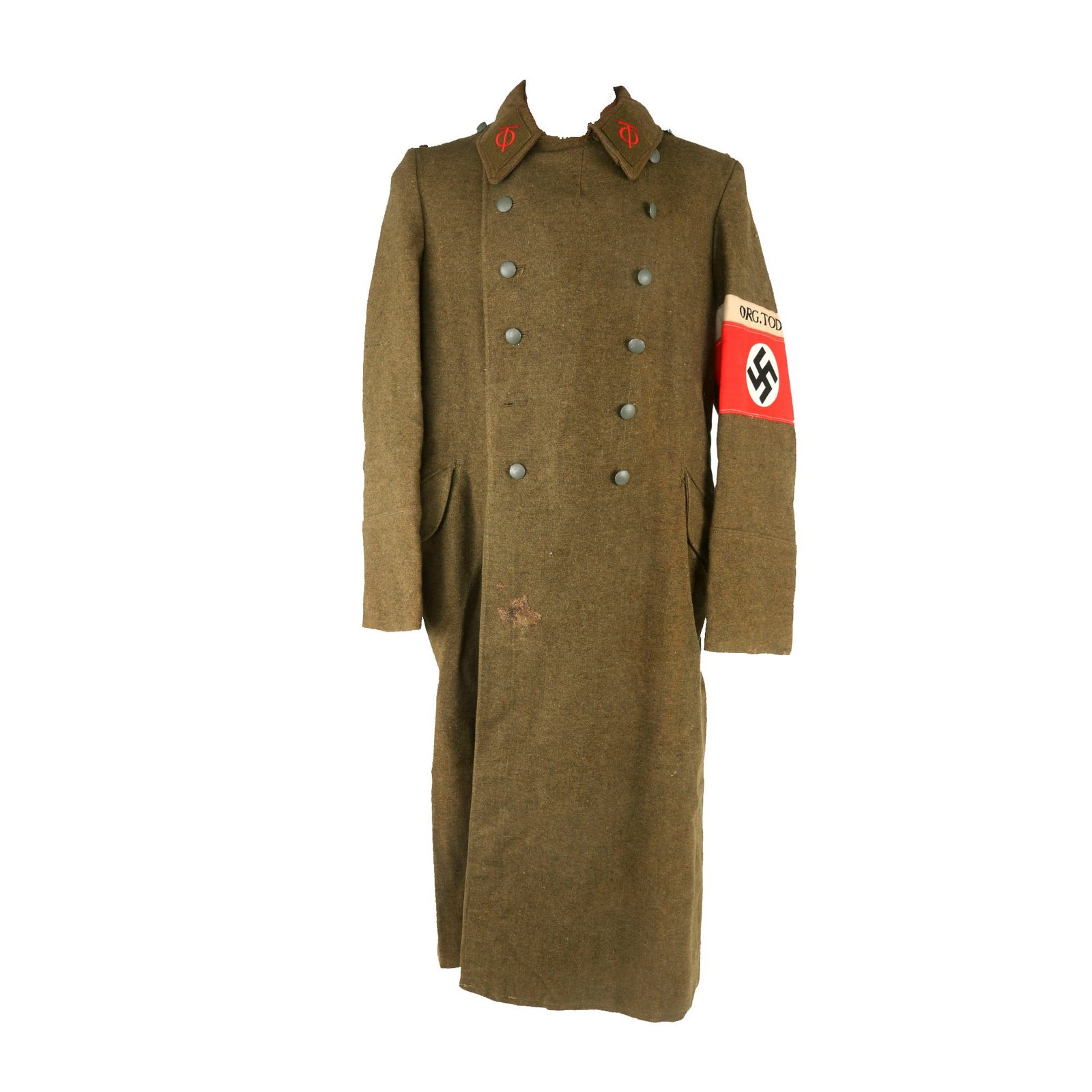 Buy Original German WWII Organisation Todt Enlisted Personnel Earth Brown Greatcoat with Armband | Original Firearms Antique For Sale