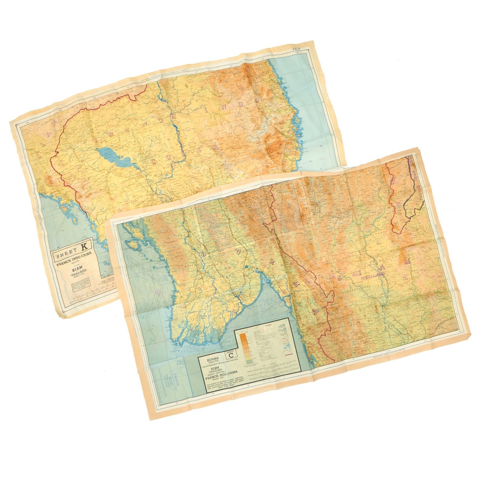 Buy Original British WWII Set of 2 Royal Air Force Silk Evasion Maps of Southeast Asia - Burma, French Indochina & Siam | Original Firearms Antique For Sale