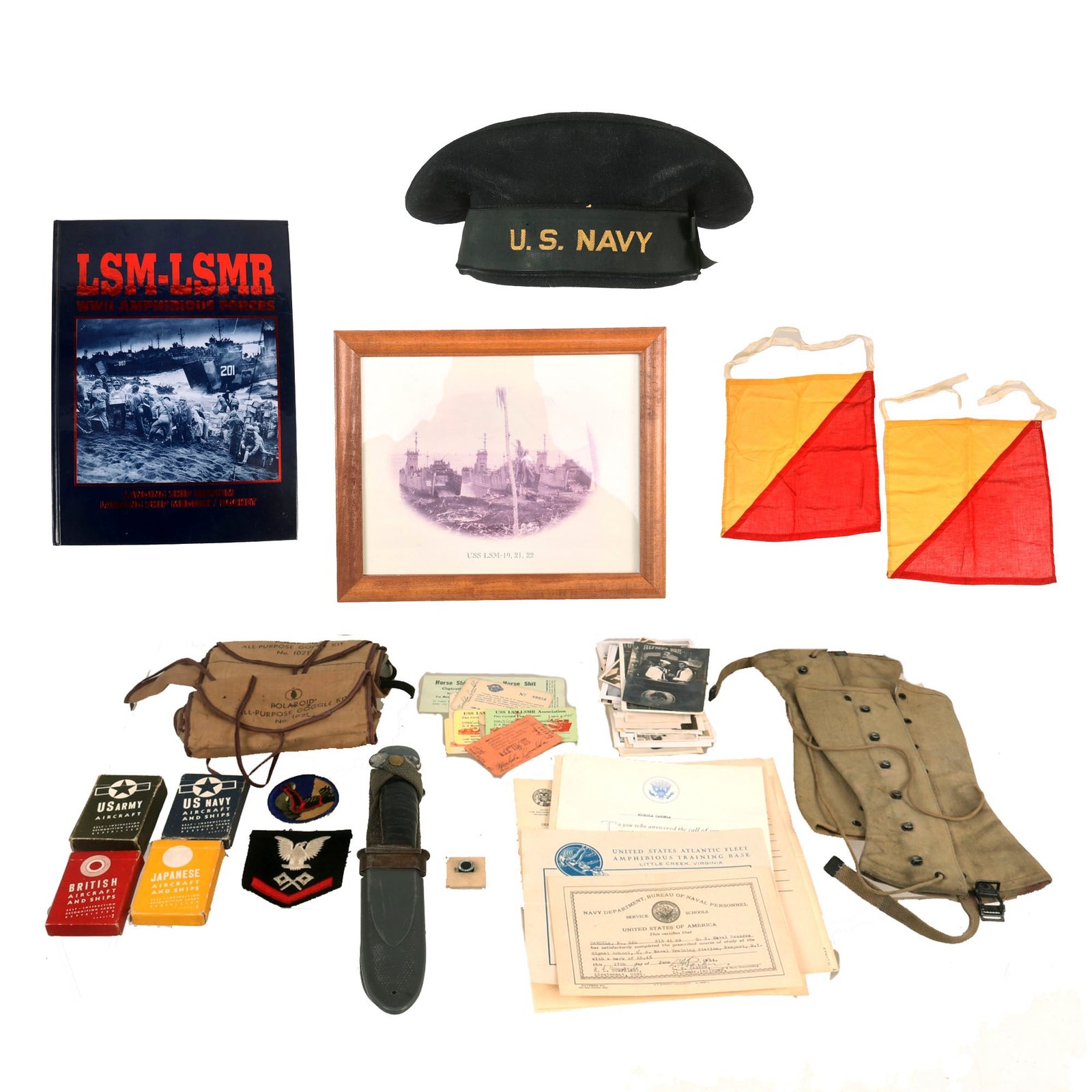 Buy Original U.S. WWII Navy Amphibious LSM Mk.I Knife & Ephemera Grouping - Aircraft Recognition Card Sets & Photos | Original Firearms Antique For Sale