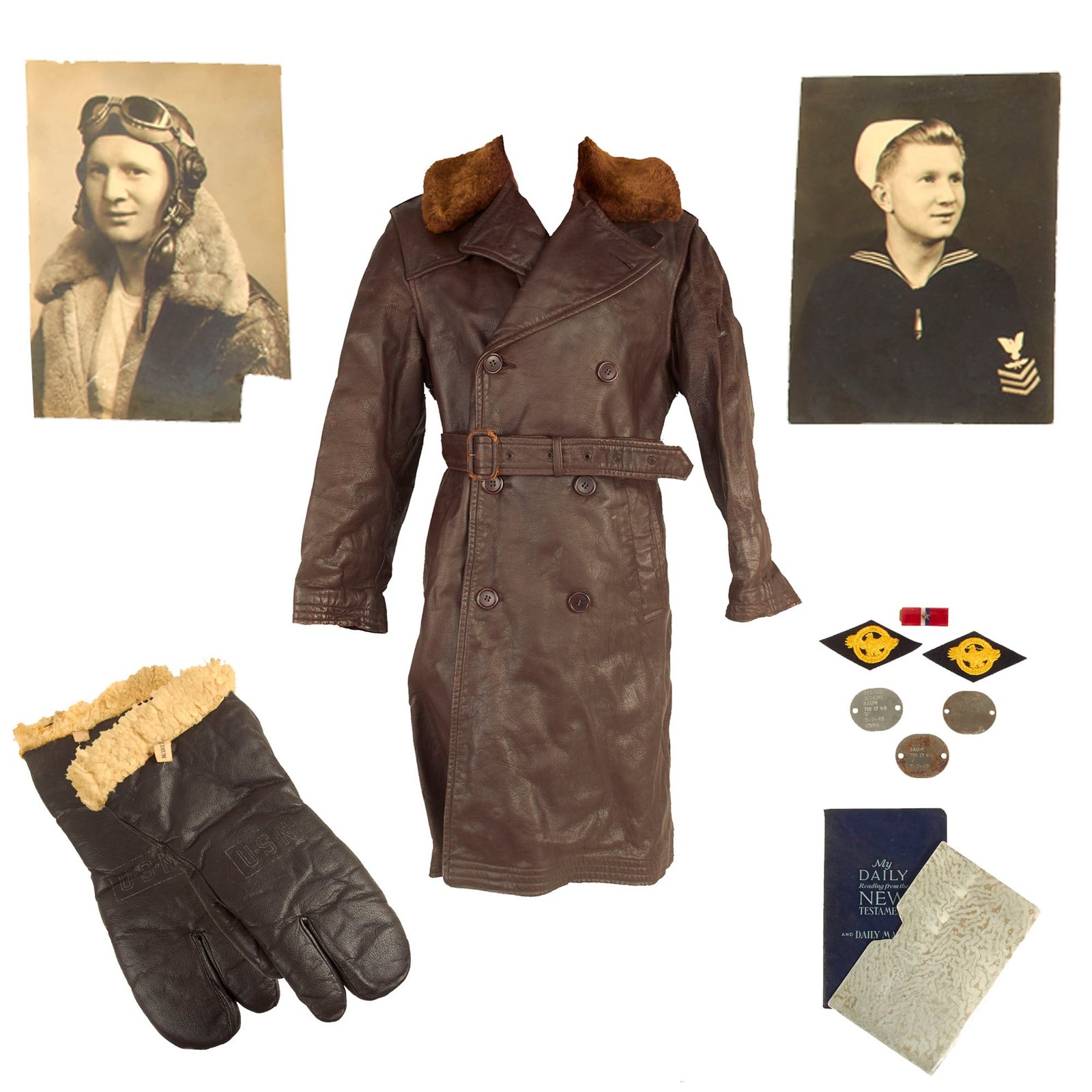 Buy Original U.S. WWII US Navy M-69F Leather Transport Pilot Aircraft Coat Grouping For Aviation Metalsmith 3rd Class George Baum, Stationed Aboard Aircraft Carrier USS Altamaha | Original Firearms Antique For Sale