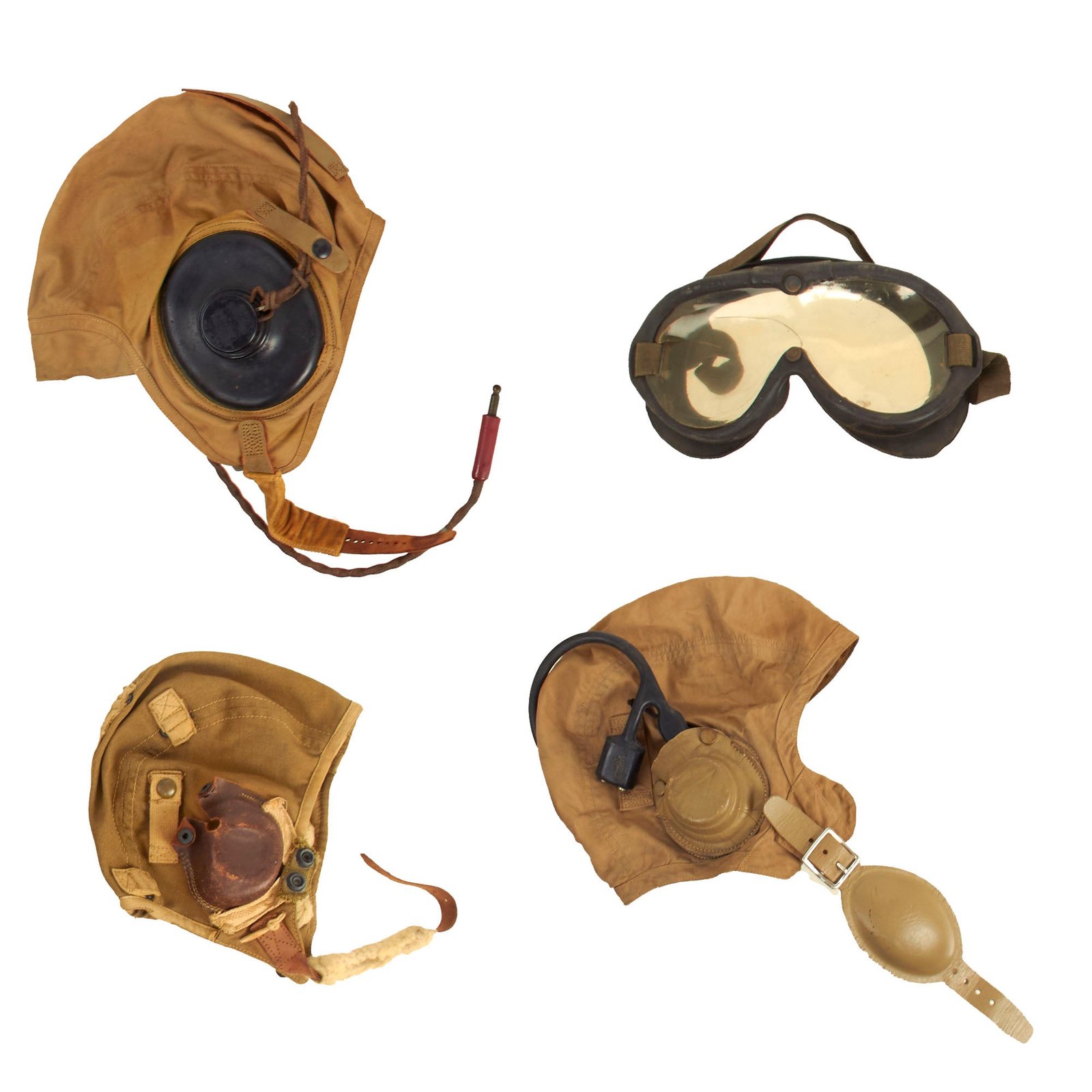 Buy Original U.S. WWII Set of Three Canvas Flight Helmets with Goggles and Partial Avionics | Original Firearms Antique For Sale