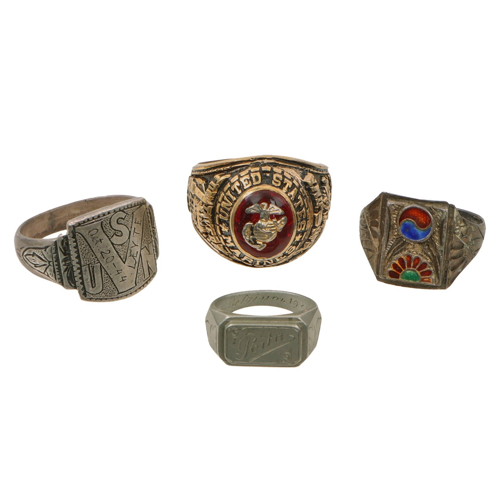 Original U.S. WWII and Korean War Souvenir Ring Set - USMC Iwo Jima, USN Leyte, Rita, Korea - Four Total